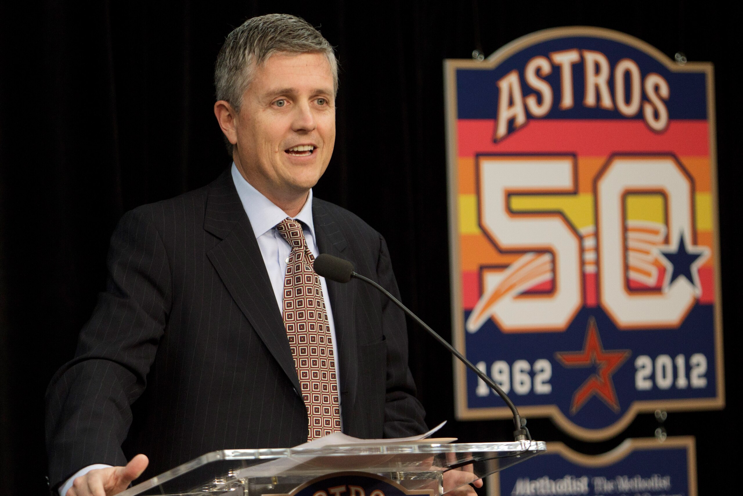 HOUSTON, TX - DECEMBER 08:  Jeff Luhnow answers questions from the media as the newly-hired Houston Astros general manager during a press conference at Minute Maid Park on December 8, 2011 in Houston, Texas. Luhnow was vice president with the St. Louis Ca