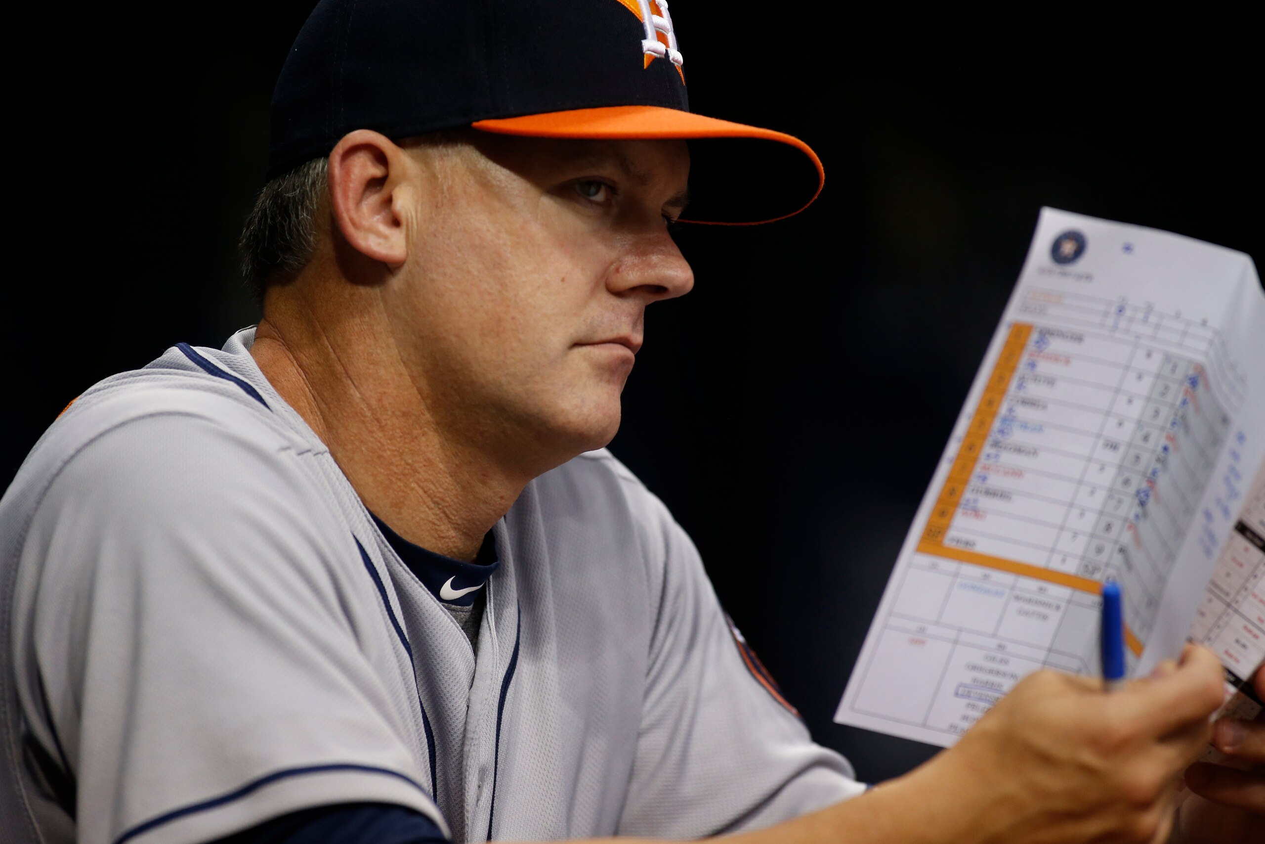 ST. PETERSBURG, FL - APRIL 21: Manager A.J. Hinch #14 of the Houston Astros looks on from the dugout during the second inning of a game against the Tampa Bay Rays on April 21, 2017 at Tropicana Field in St. Petersburg, Florida. (Photo by Brian Blanco/Gett