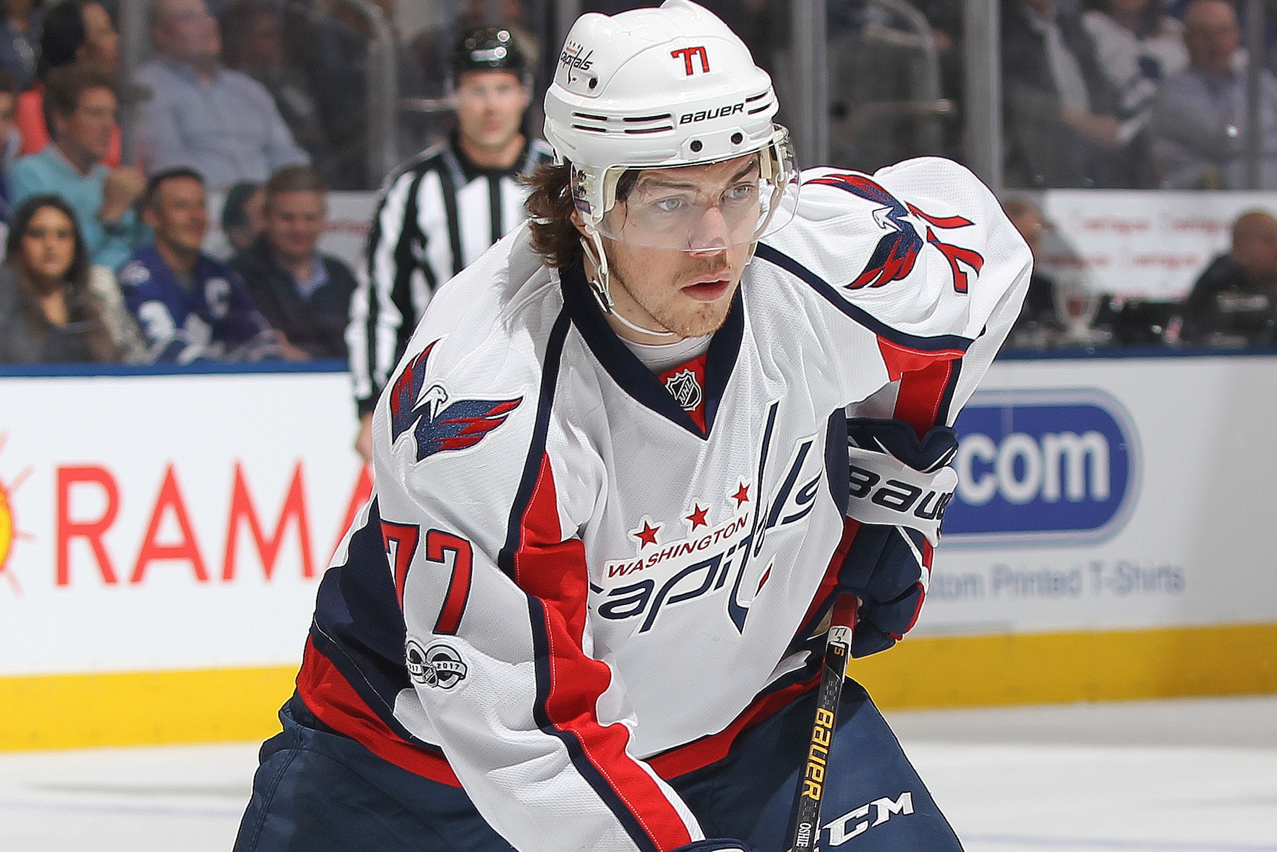 TORONTO,ON - APRIL 23:  T.J. Oshie #77 of the Washington Capitals skates against the Toronto Maple Leafs in Game Six of the Eastern Conference Quarterfinals during the 2017 NHL Stanley Cup Playoffs at the Air Canada Centre on April 23, 2017 in Toronto, On