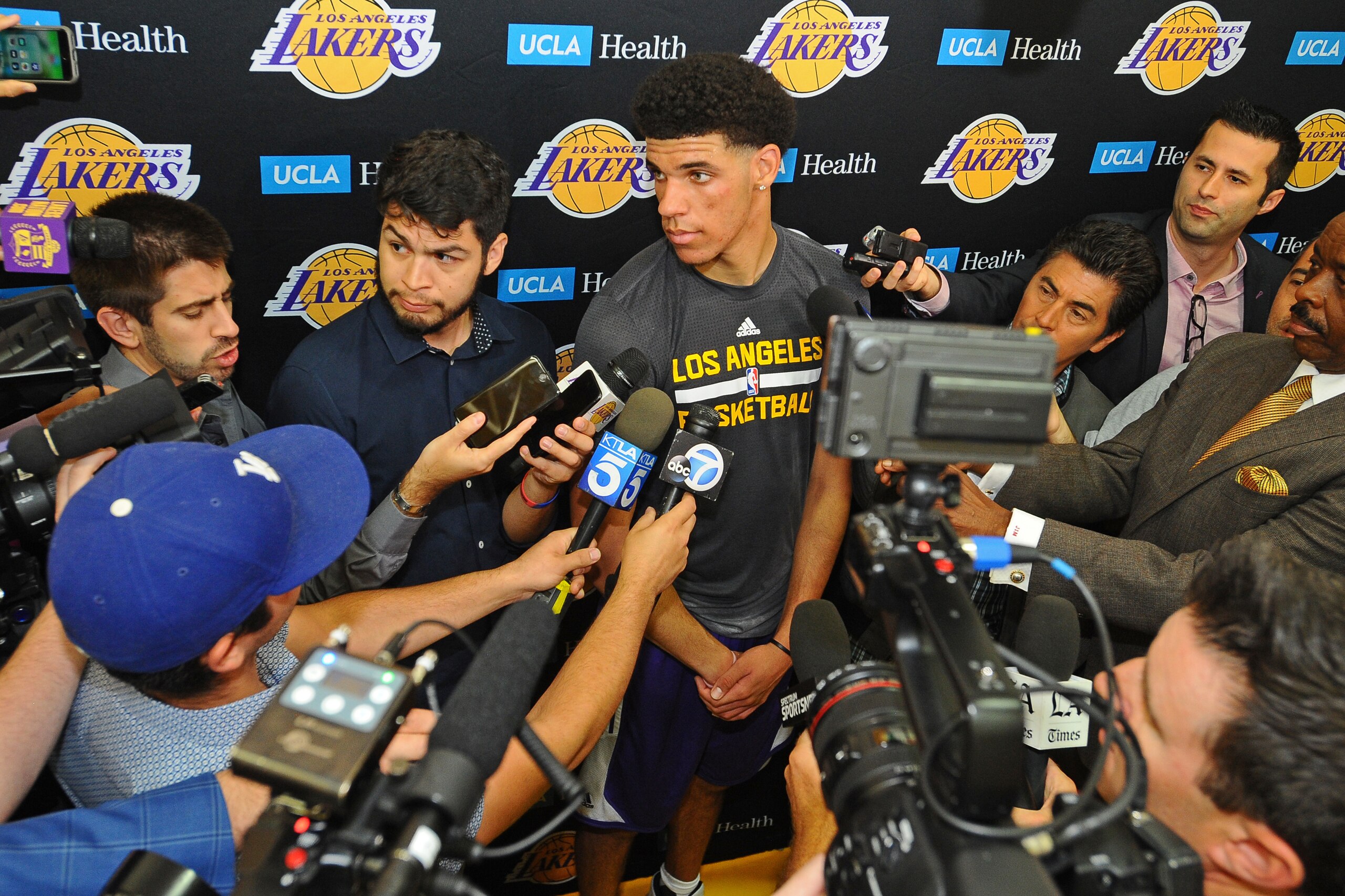 LOS ANGELES, CA - JUNE 07:  Lonzo Ball talks to the media after his work out for the Los Angeles Lakers at Toyota Sports Center in Los Angeles, California. NOTE TO USER: User expressly acknowledges and agrees that, by downloading and/or using this Photogr