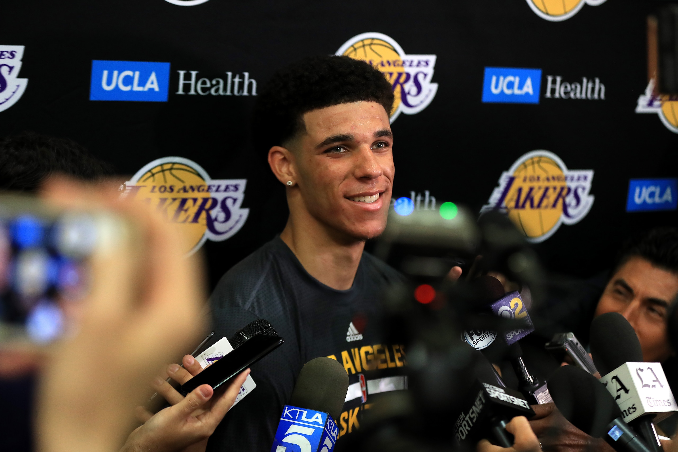 EL SEGUNDO, CA - JUNE 07:  NBA Prospect Lonzo Ball speaks with the media after a workout with the Los Angeles Lakers at Toyota Sports Center on June 7, 2017 in El Segundo, California. NOTE TO USER: User expressly acknowledges and agrees that, by downloadi