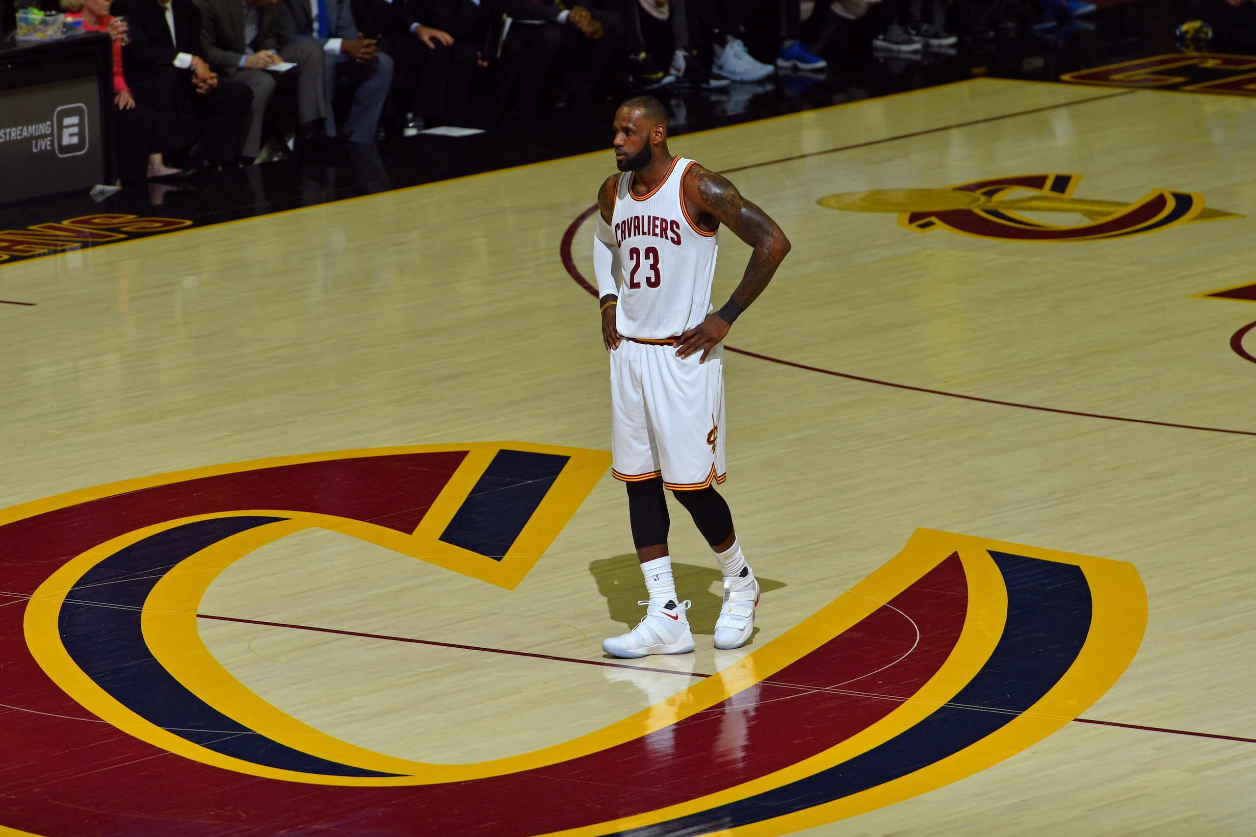 CLEVELAND, OH - JUNE 07:  LeBron James #23 of the Cleveland Cavaliers stands on the court in Game Three of the 2017 NBA Finals against the Golden State Warriors on June 7, 2017 at Quicken Loans Arena in Cleveland, Ohio. NOTE TO USER: User expressly acknow