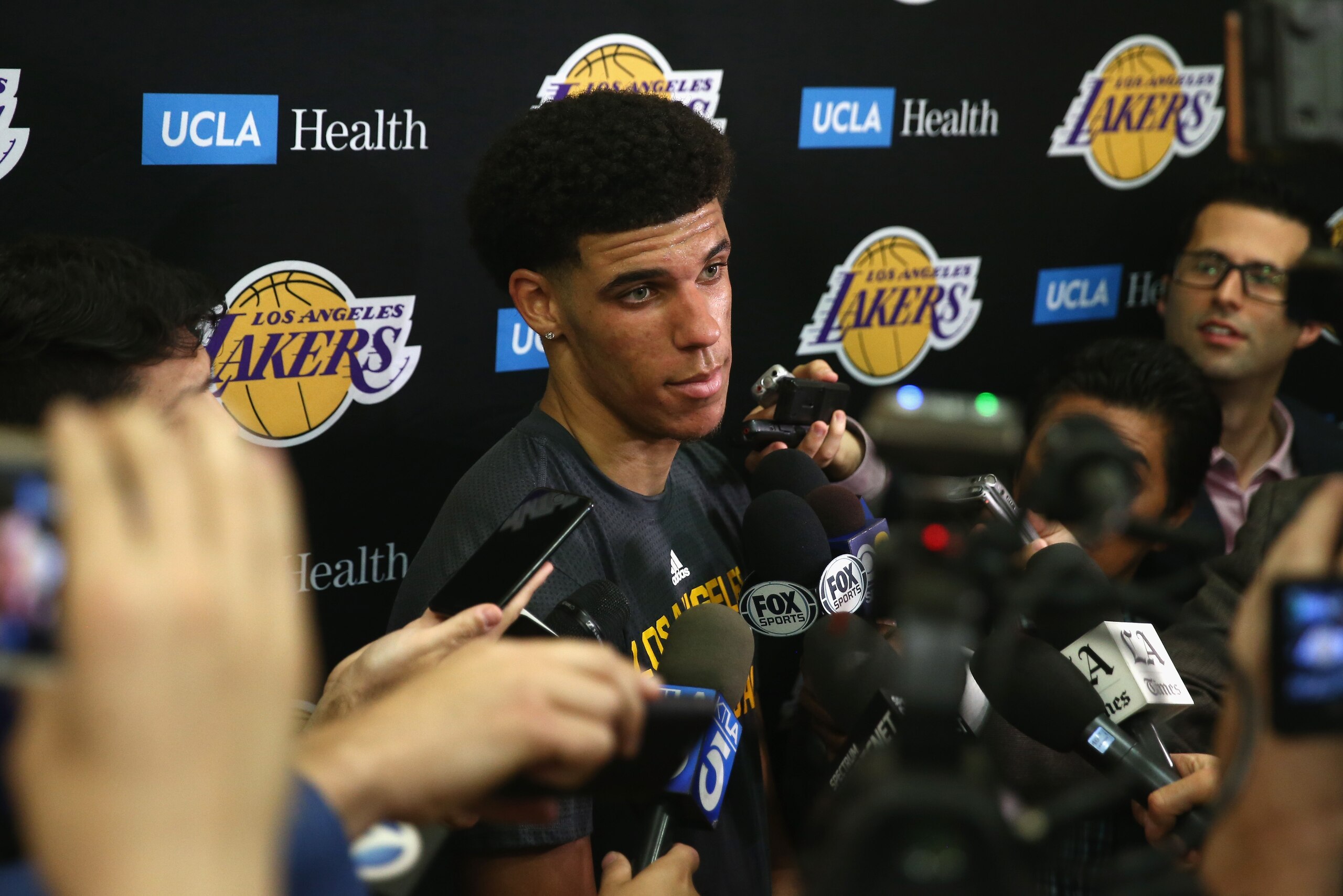 EL SEGUNDO, CA - JUNE 07:  NBA Prospect Lonzo Ball speaks with the media after a workout with the Los Angeles Lakers at Toyota Sports Center on June 7, 2017 in El Segundo, California.  NOTE TO USER: User expressly acknowledges and agrees that, by download