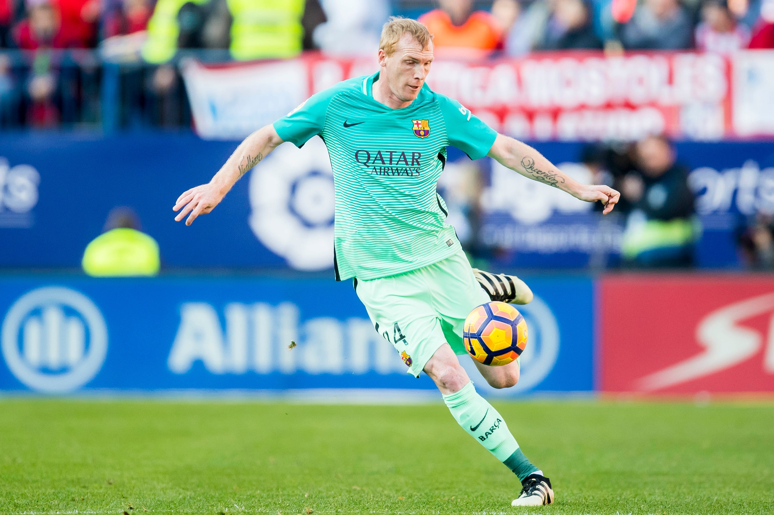 MADRID, SPAIN - FEBRUARY 26: Jeremy Mathieu of FC Barcelona in action during their La Liga match between Atletico de Madrid and FC Barcelona at the Santiago Bernabeu Stadium on 26 February 2017 in Madrid, Spain. (Photo by Power Sport Images/Getty Images)