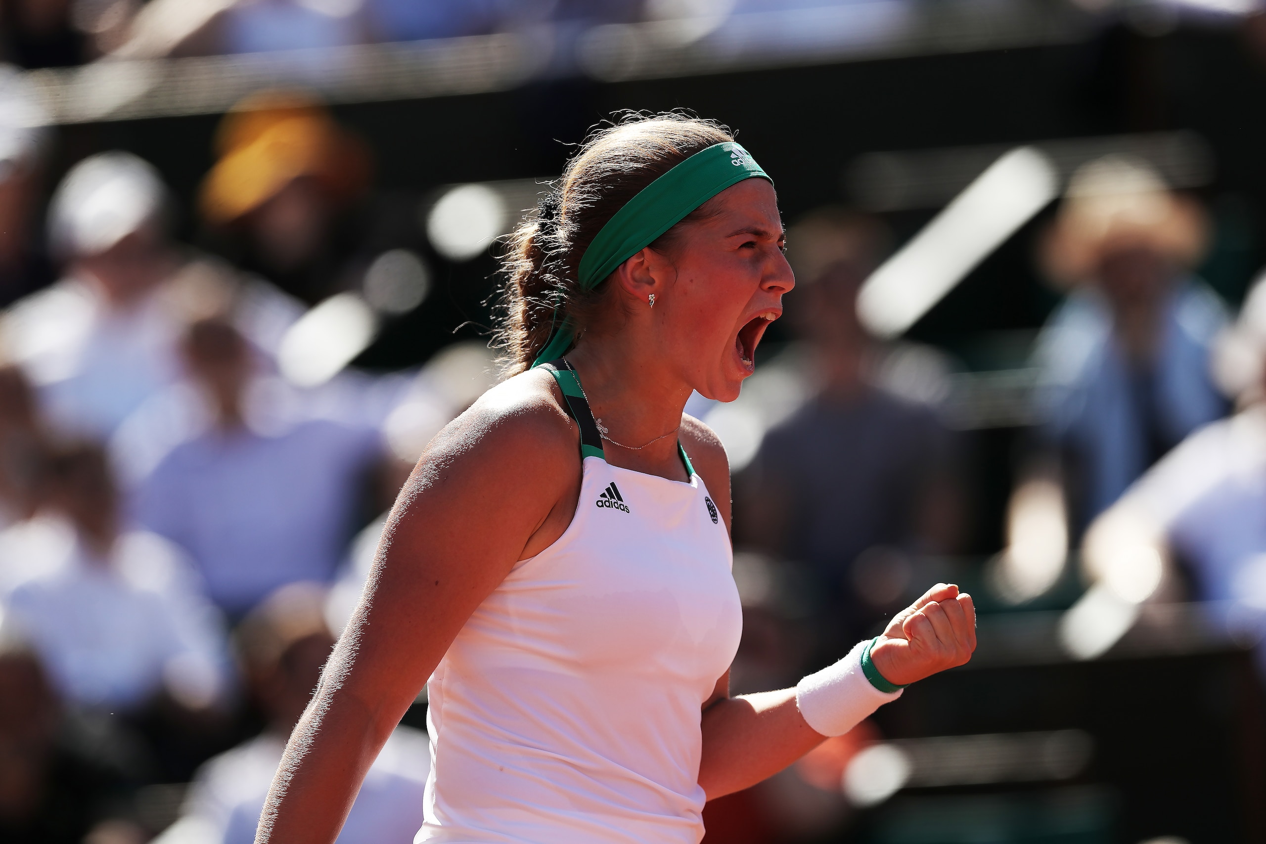 PARIS, FRANCE - JUNE 08: Jelena Ostapenko of Latvia reacts during her match with Timea Bacsinszky of Switzerland, during day twelve at Roland Garros on June 8, 2017 in Paris, France. (Photo by Ian MacNicol/Getty Images)
