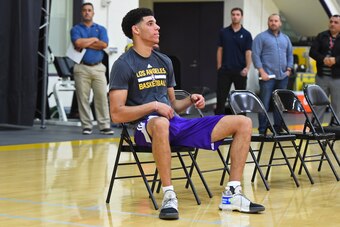 LOS ANGELES, CA - JUNE 07:  Lonzo Ball sits on the side after his work out for the Los Angeles Lakers at Toyota Sports Center in Los Angeles, California. NOTE TO USER: User expressly acknowledges and agrees that, by downloading and/or using this Photograp