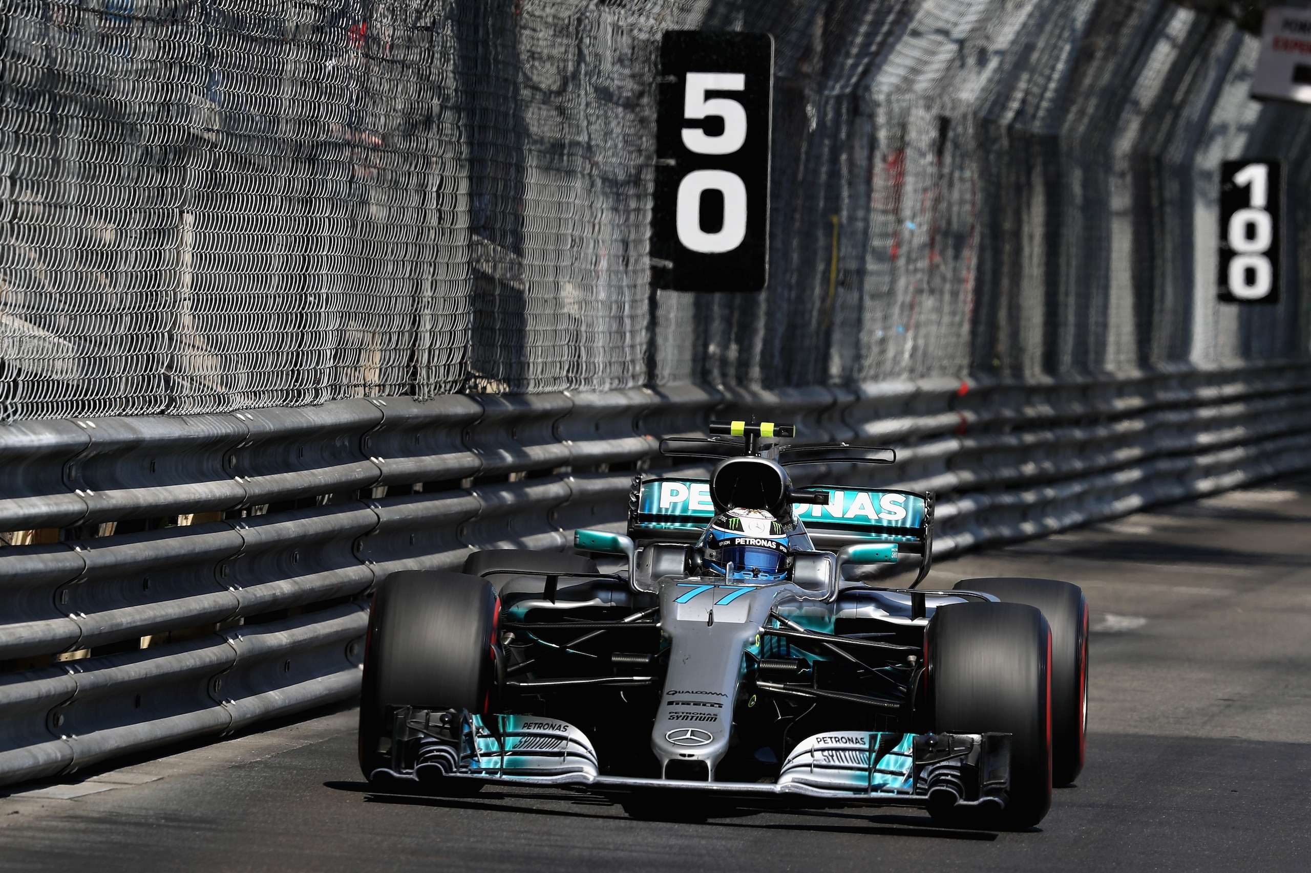 MONTE-CARLO, MONACO - MAY 28: Valtteri Bottas driving the (77) Mercedes AMG Petronas F1 Team Mercedes F1 WO8 on track during the Monaco Formula One Grand Prix at Circuit de Monaco on May 28, 2017 in Monte-Carlo, Monaco.  (Photo by Mark Thompson/Getty Imag