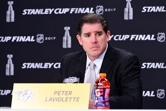 PITTSBURGH, PA - MAY 31:  Peter Laviolette of the Nashville Predators speaks during a press conference after Game Two of the 2017 NHL Stanley Cup Final at PPG Paints Arena on May 31, 2017 in Pittsburgh, Pennsylvania. The Pittsburgh Penguins defeated the N