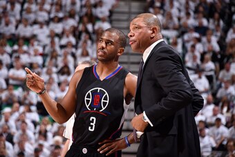 SALT LAKE CITY, UT - APRIL 21: Doc Rivers of the Los Angeles Clippers talks with Chris Paul #3 of the Los Angeles Clippers during the game against the Utah Jazz during the Western Conference Quarter-finals of the 2017 NBA Playoffs on April 21, 2017 at Viv