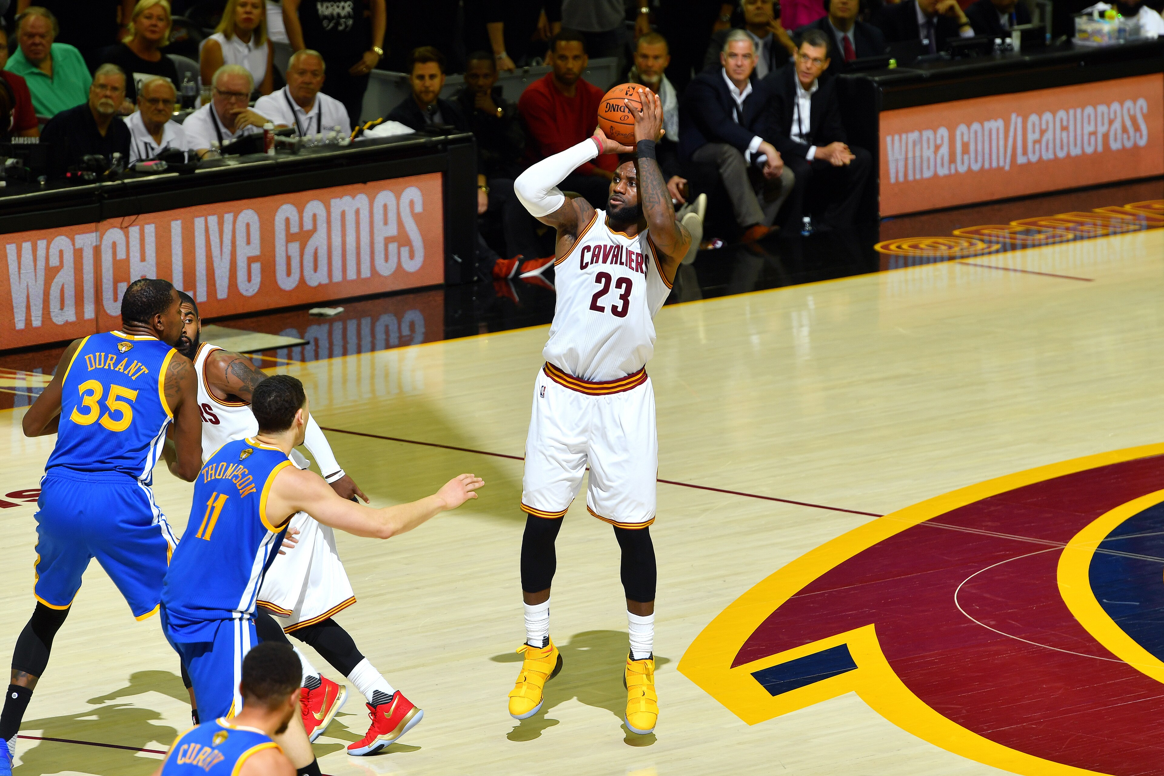 CLEVELAND, OH - JUNE 9: LeBron James #23 of the Cleveland Cavaliers shoots a three point basket during the game against the Golden State Warriors in Game Four of the 2017 NBA Finals on June 9, 2017 at The Quicken Loans Arena in Cleveland, Ohio. NOTE TO US