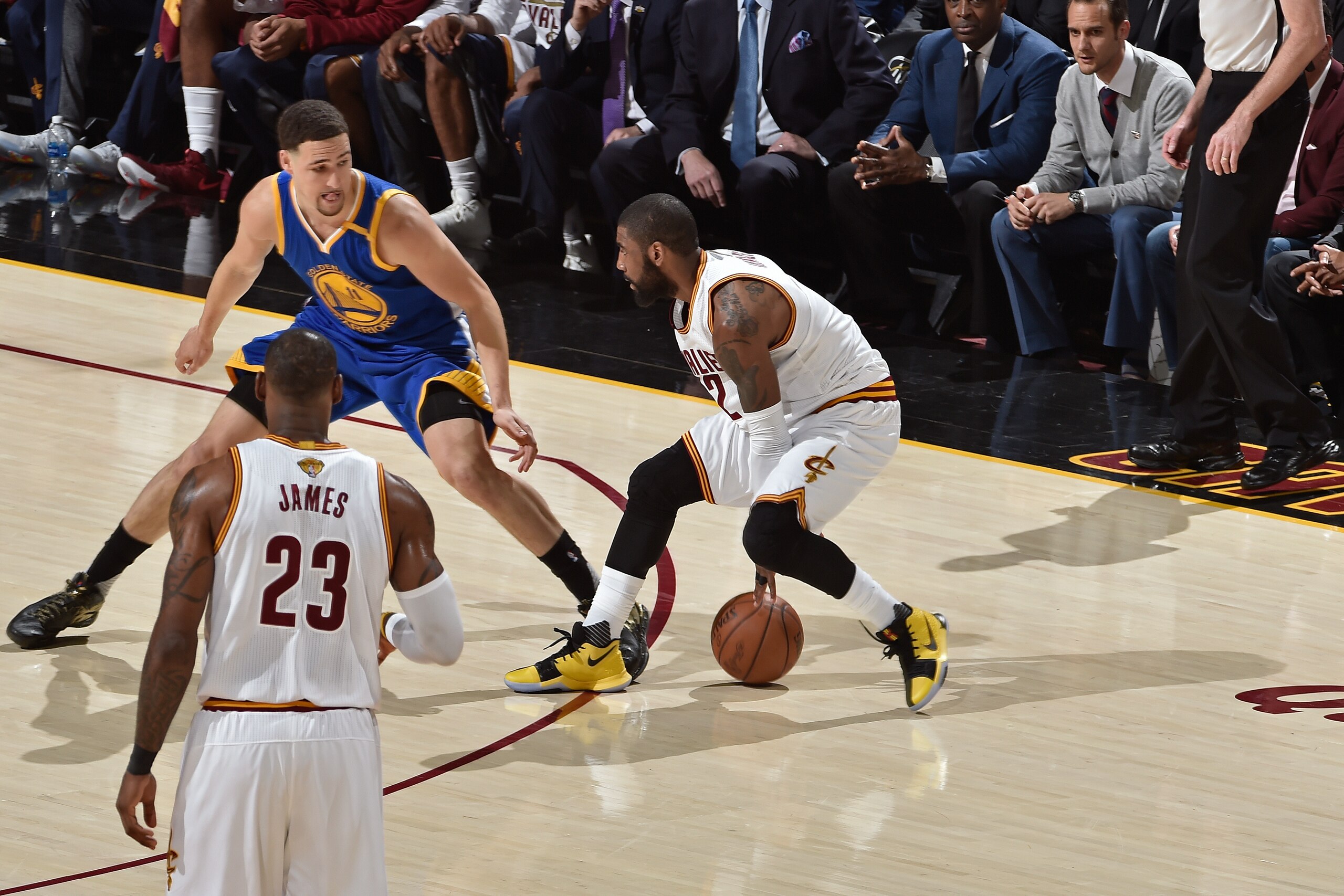 CLEVELAND, OH - JUNE 07:  Kyrie Irving #2 of the Cleveland Cavaliers dribbles the ball while guarded by Klay Thompson #11 of the Golden State Warriors in Game Three of the 2017 NBA Finals on June 7, 2017 at Quicken Loans Arena in Cleveland, Ohio. NOTE TO 