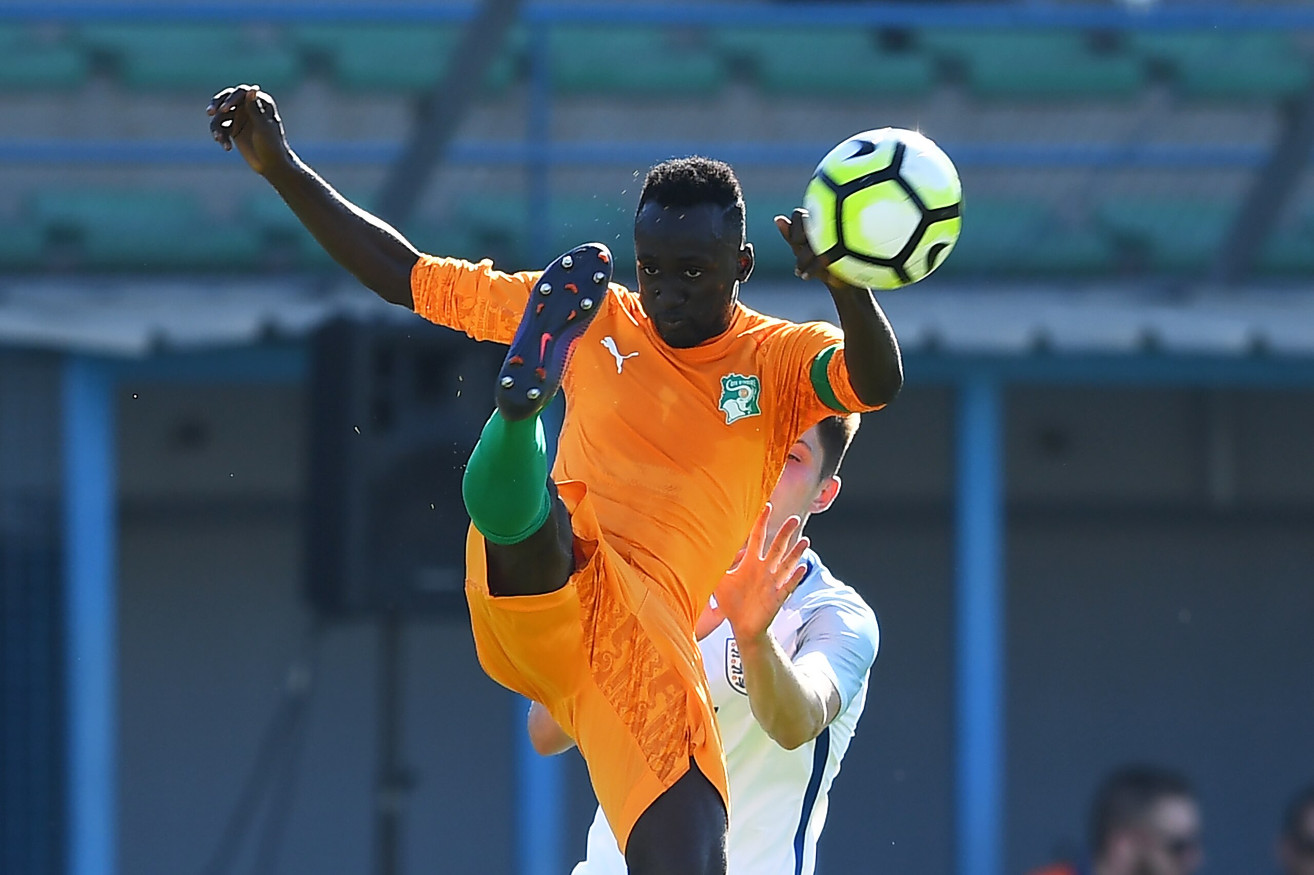 Ivory Coast Ulrich Meleke jumps for the ball during the Under 21 international football final match England vs Ivory Coast, at the De Lattre Stadium in Aubagne, southern France on June 10, 2017, as part of the 45th Toulon Tournament ' Festival internation