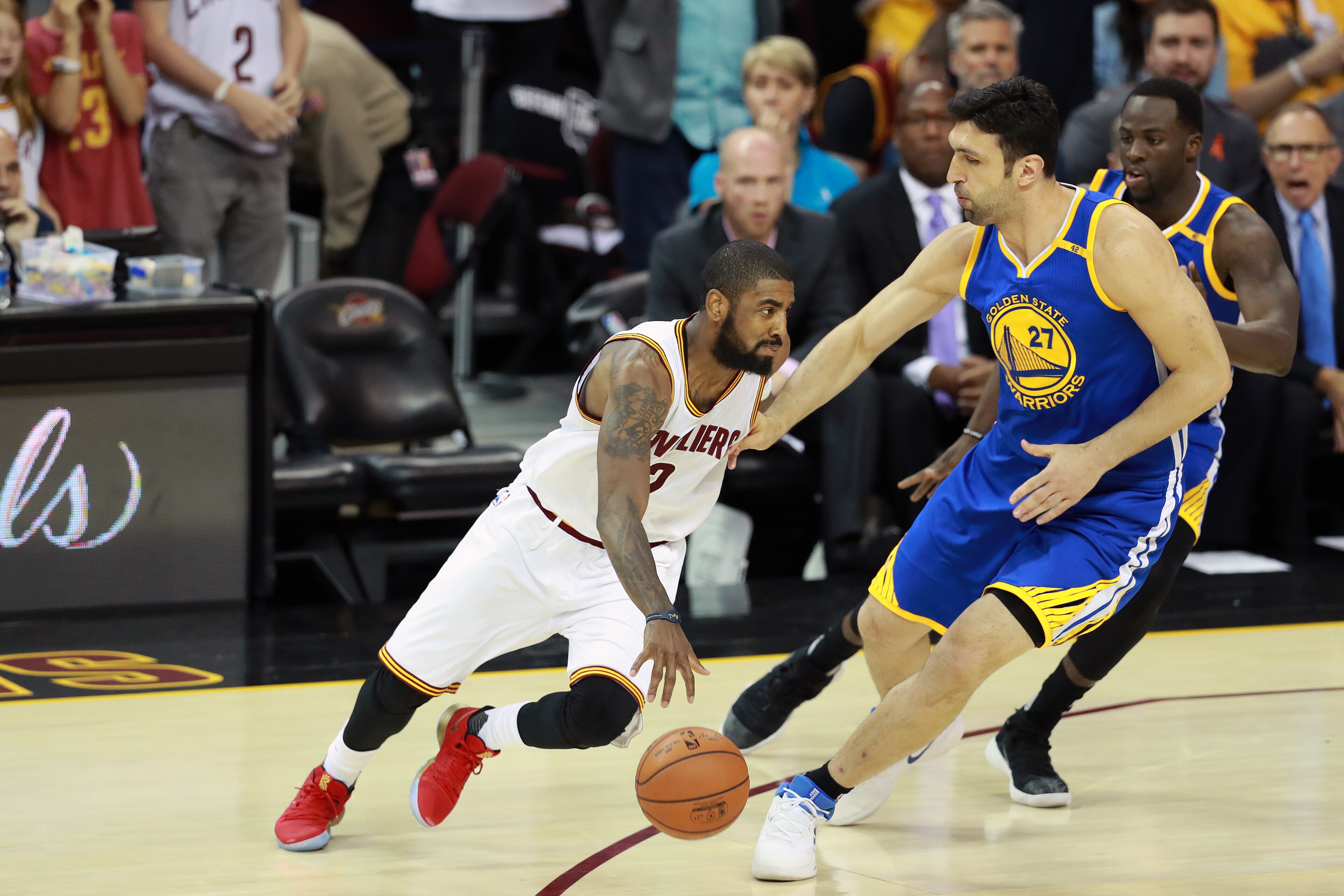 CLEVELAND, OH - JUNE 9: Kyrie Irving #2 of the Cleveland Cavaliers handles the ball against the Golden State Warriors in Game Four of the 2017 NBA Finals on June 9, 2017 at Quicken Loans Arena in Cleveland, Ohio. NOTE TO USER: User expressly acknowledges 