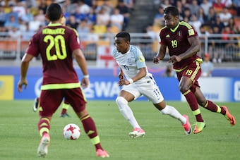England's forward Ademola Lookman controls the ball during the U-20 World Cup final football match between England and Venezuela in Suwon on June 11, 2017.  / AFP PHOTO / KIM DOO-HO        (Photo credit should read KIM DOO-HO/AFP/Getty Images)