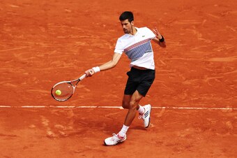 PARIS, FRANCE - JUNE 07: Novak Djokovic of Serbia plays a forehand shot during his match with Dominic Thiem of Austria, on day eleven at Roland Garros on June 7, 2017 in Paris, France. (Photo by Ian MacNicol/Getty Images)