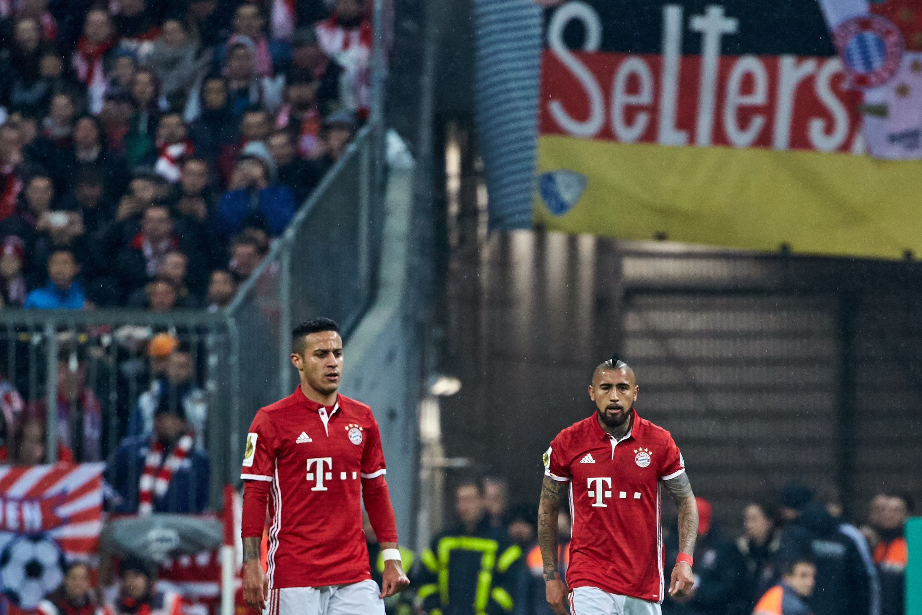 MUNICH, GERMANY - APRIL 26: Thiago of Bayern Munich and Arturo Vidal of Bayern Munich looks on during the German Cup (DFB Cup) semi final soccer match between FC Bayern Munich and Borussia Dortmund at the Allianz Arena on April 26, 2017, in Munich, German
