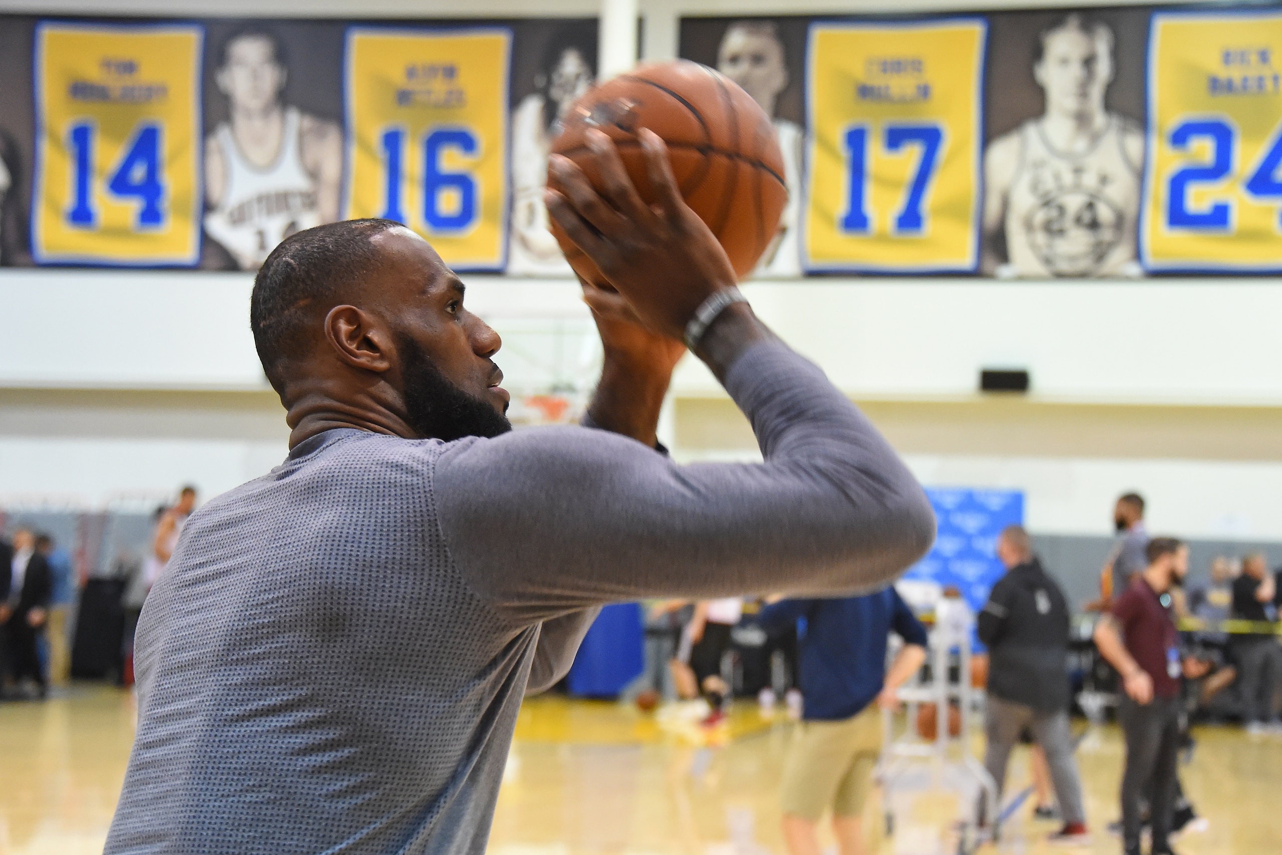 OAKLAND, CA - JUNE 11:  LeBron James #23 of the Cleveland Cavaliers shoots the ball during practice and media availability as part of the 2017 NBA Finals on June 11, 2017 at Warriors Practice Facility in Oakland, California. NOTE TO USER: User expressly a