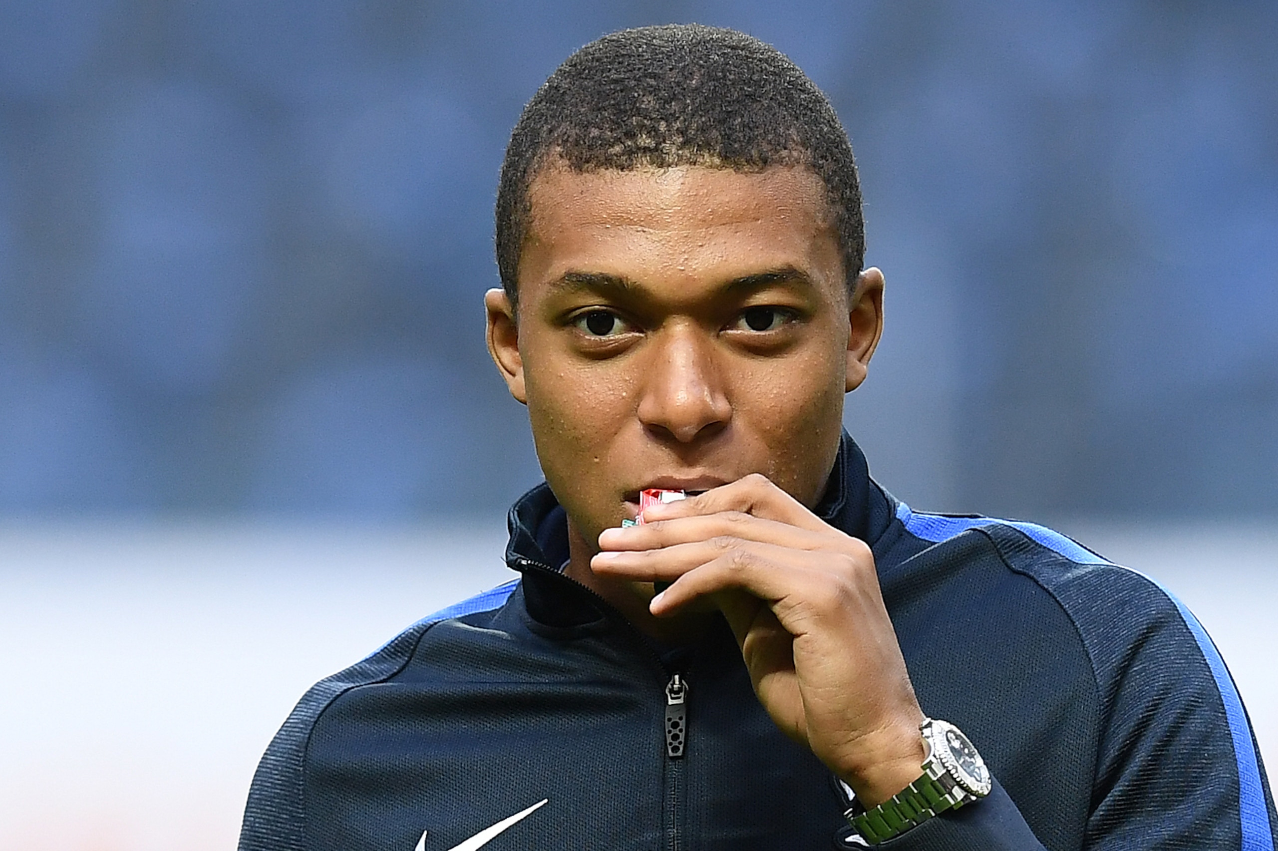France's forward Kylian Mbappe is pictured ahead of the FIFA World Cup 2018 qualifying football match Sweden vs France on June 9, 2017 at the Friends Arena in Solna.  / AFP PHOTO / FRANCK FIFE        (Photo credit should read FRANCK FIFE/AFP/Getty Images)