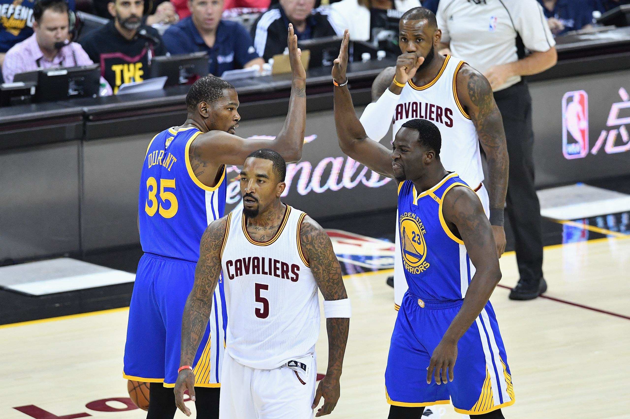 CLEVELAND, OH - JUNE 07: Kevin Durant #35 and Draymond Green #23 of the Golden State Warriors celebrate after a play in the first quarter against the Cleveland Cavaliers in Game 3 of the 2017 NBA Finals at Quicken Loans Arena on June 7, 2017 in Cleveland,