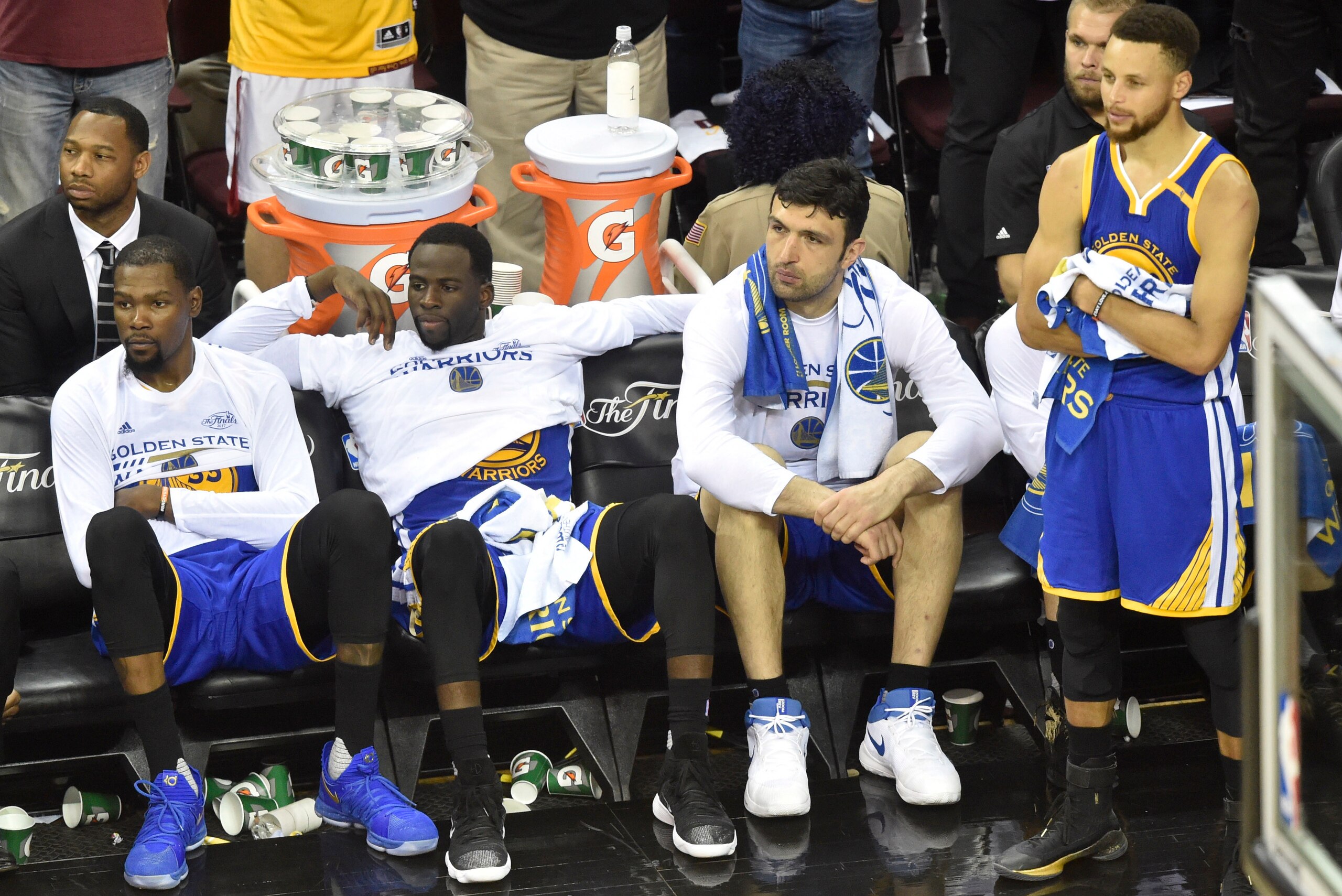 Jun 9, 2017; Cleveland, OH, USA; Golden State Warriors forward Kevin Durant (35), forward Draymond Green (23), center Zaza Pachulia (27) and guard Stephen Curry (30) during the fourth quarter against the Cleveland Cavaliers in game four of the Finals for 