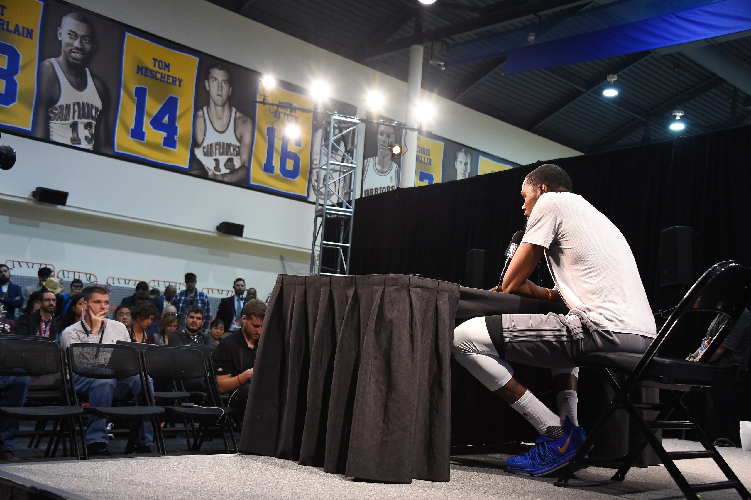 OAKLAND, CA - JUNE 11:  Kevin Durant #35 of the Golden State Warriors talks to the media during a press conference after practice and media availability as part of the 2017 NBA Finals on June 11, 2017 at Warriors Practice Facility in Oakland, California. 