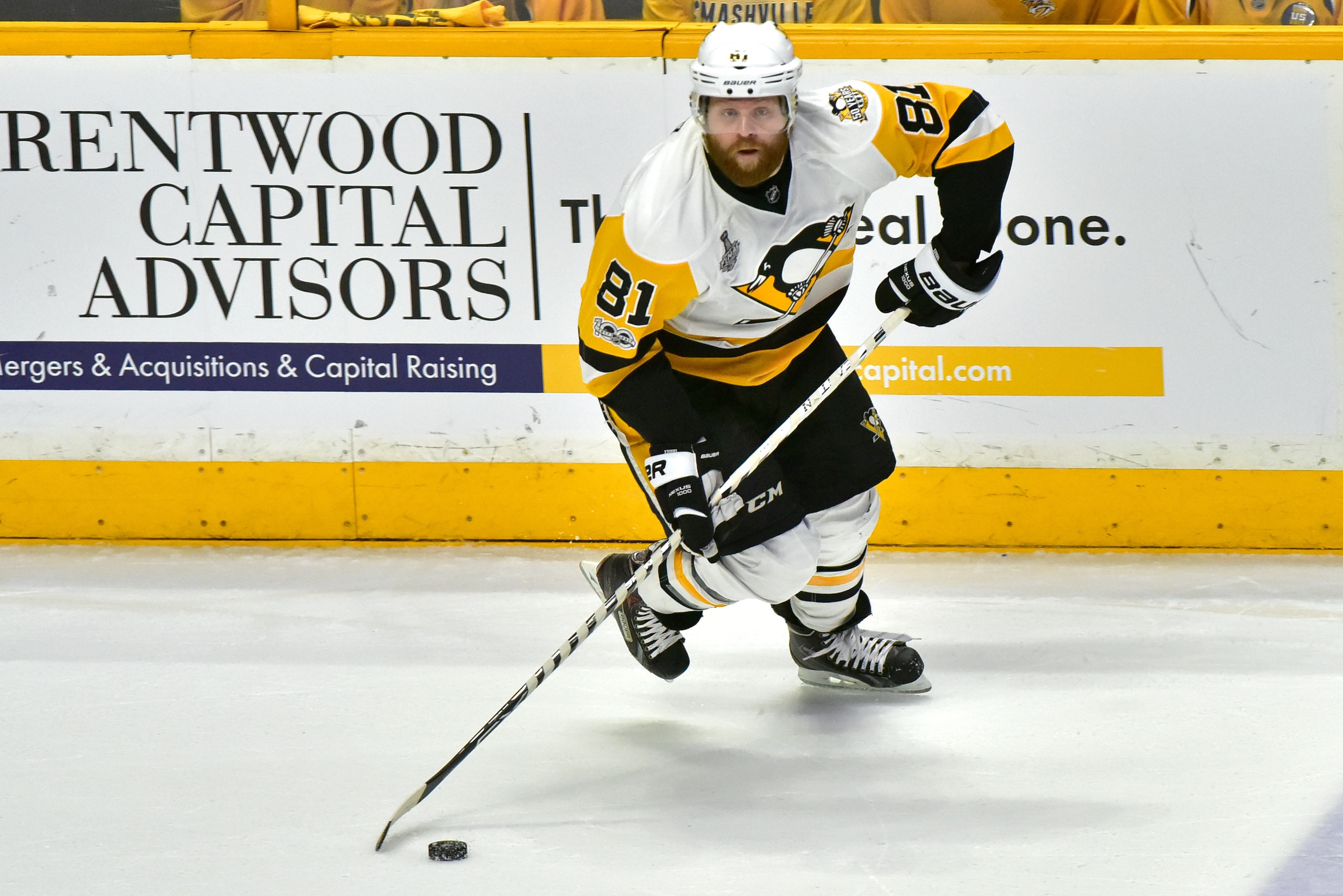 NASHVILLE, TN - JUNE 11: Phil Kessel #81 of the Pittsburgh Penguins carries the puck against the Nashville Predators during the first period in Game Six of the 2017 NHL Stanley Cup Final at the Bridgestone Arena on June 11, 2017 in Nashville, Tennessee.  