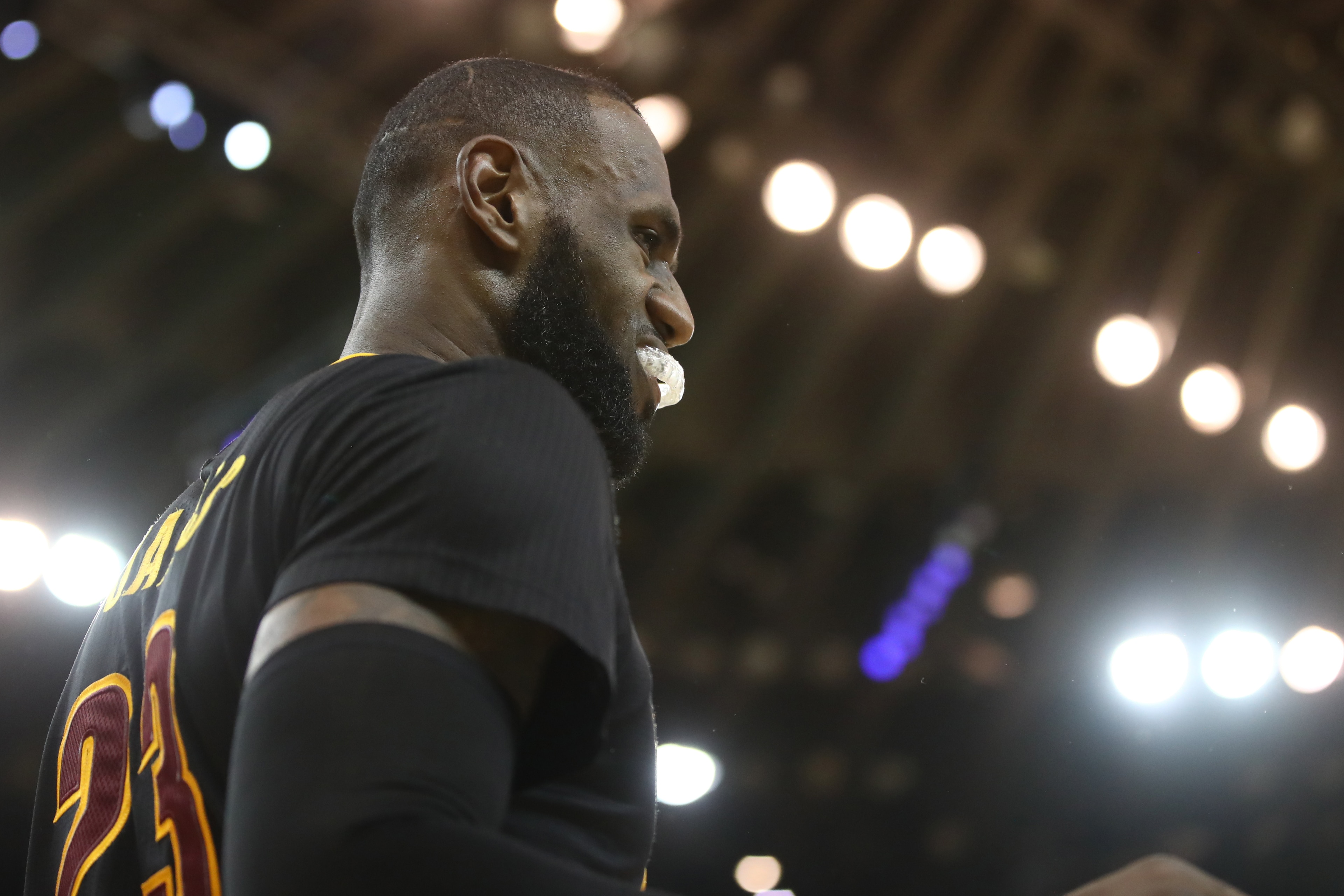 OAKLAND, CA - JUNE 12: LeBron James #23 of the Cleveland Cavaliers reacts against the Golden State Warriors in Game 5 of the 2017 NBA Finals at ORACLE Arena on June 12, 2017 in Oakland, California. NOTE TO USER: User expressly acknowledges and agrees tha OAKLAND, CA - JUNE 12: LeBron James #23 of the Cleveland Cavaliers reacts against the Golden State Warriors in Game 5 of the 2017 NBA Finals at ORACLE Arena on June 12, 2017 in Oakland, California. NOTE TO USER: User expressly acknowledges and agrees tha