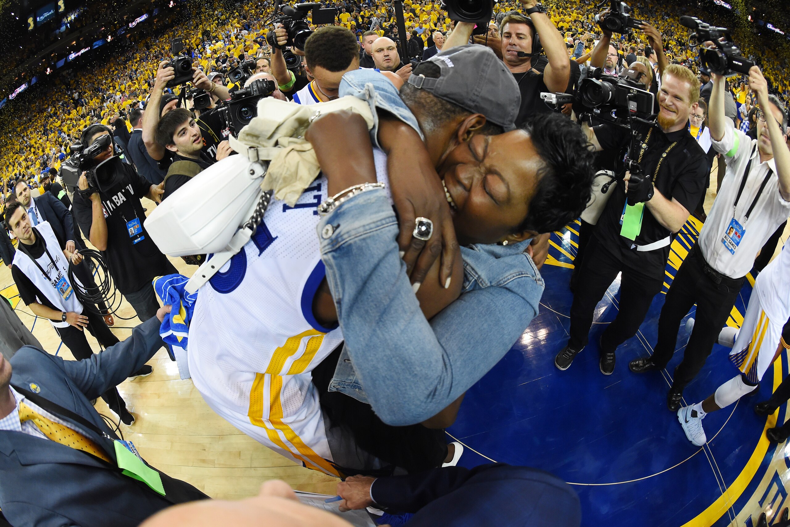 OAKLAND, CA - JUNE 12:  Kevin Durant #35 of the Golden State Warriors and his mother Wanda Durant celebrate after winning the 2017 NBA Finals on June 12, 2017 at ORACLE Arena in Oakland, California. NOTE TO USER: User expressly acknowledges and agrees tha