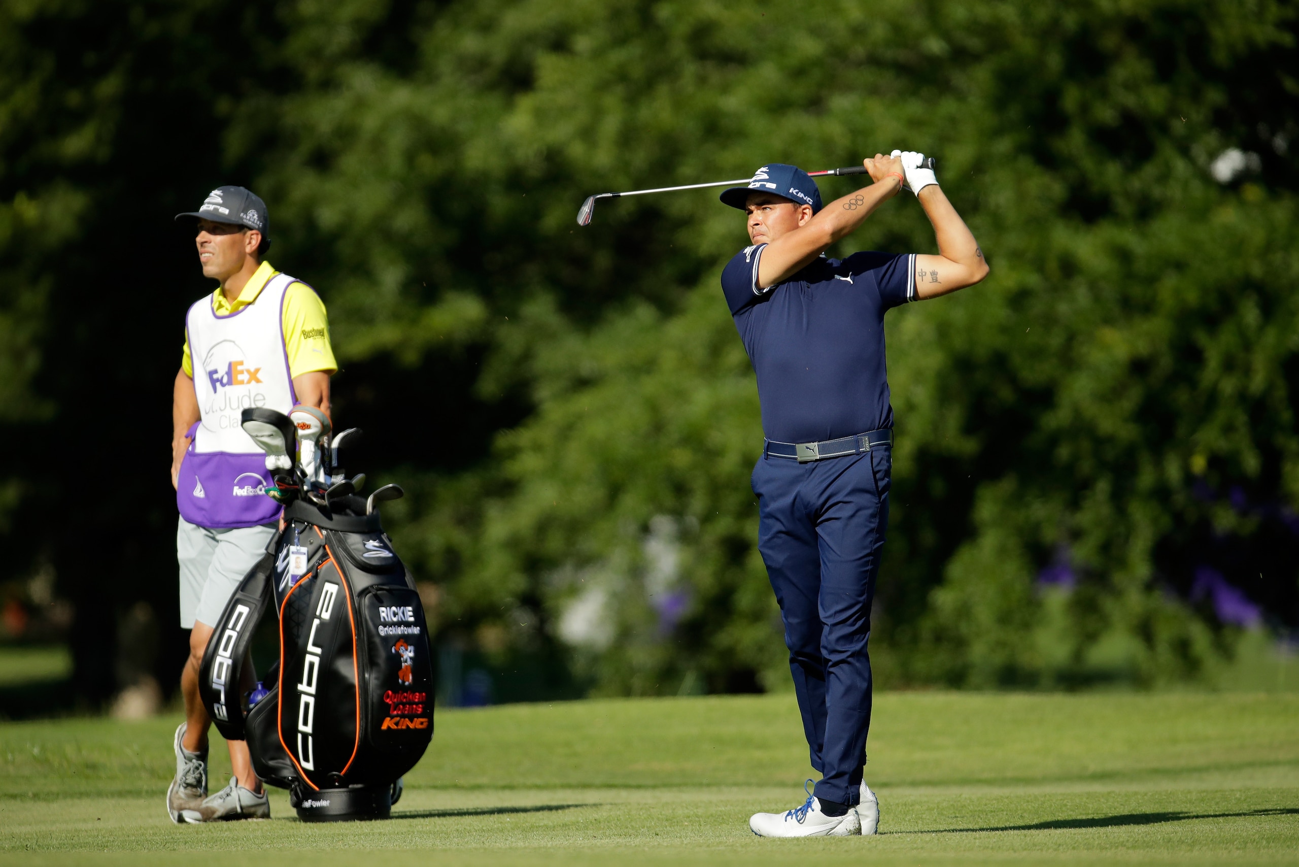 MEMPHIS, TN - JUNE 08:  Rickie Fowler plays his second shot on the 13th hole during the first round of the FedEx St. Jude Classic at TPC Southwind on June 8, 2017 in Memphis, Tennessee.  (Photo by Andy Lyons/Getty Images)
