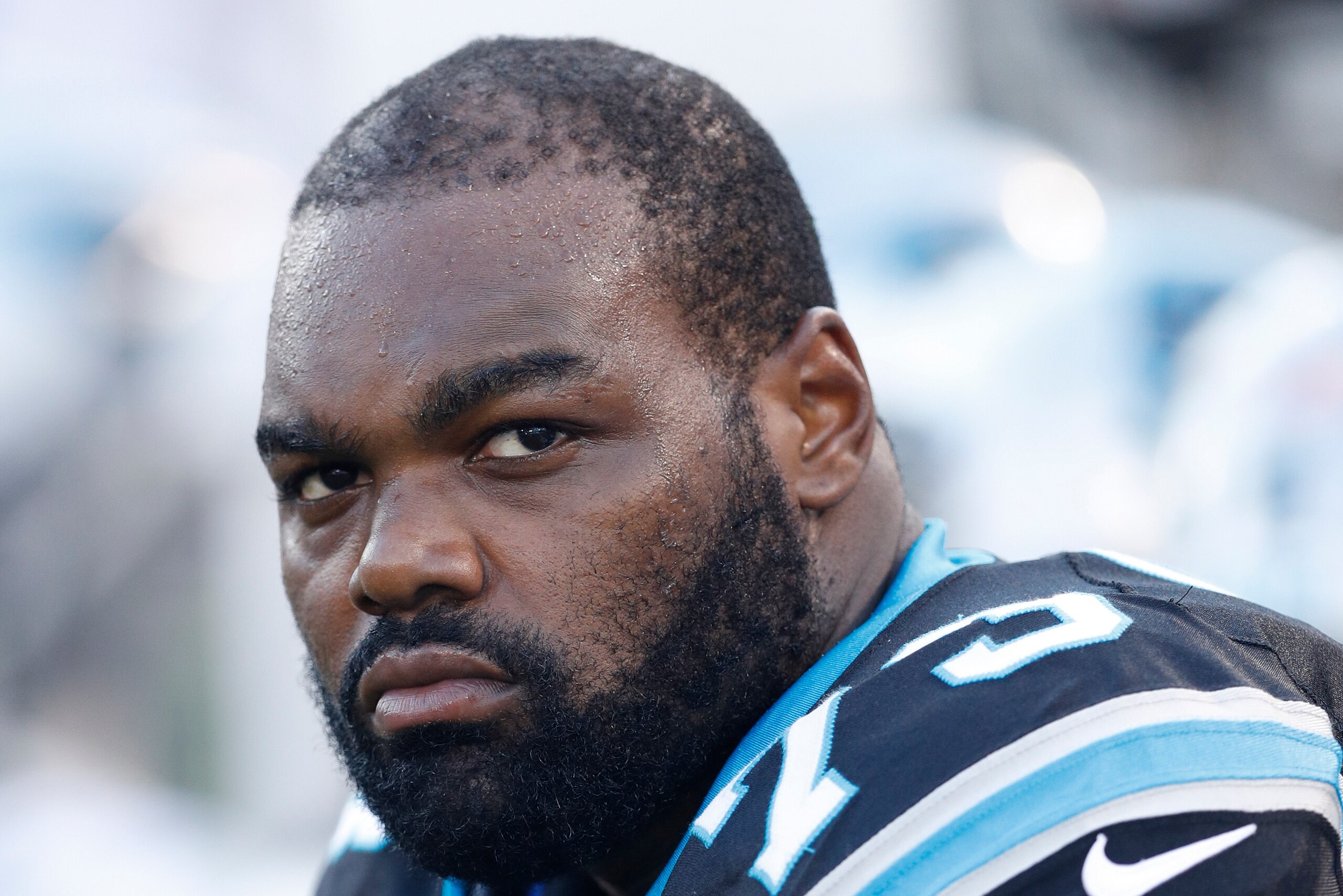 BALTIMORE, MD - AUGUST 11: Michael Oher #73 of the Carolina Panthers looks on during a preseason NFL game against the Baltimore Ravens at M&T Bank Stadium on August 11, 2016 in Baltimore, Maryland. The Ravens defeated the Panthers 22-19. (Photo by Joe Rob