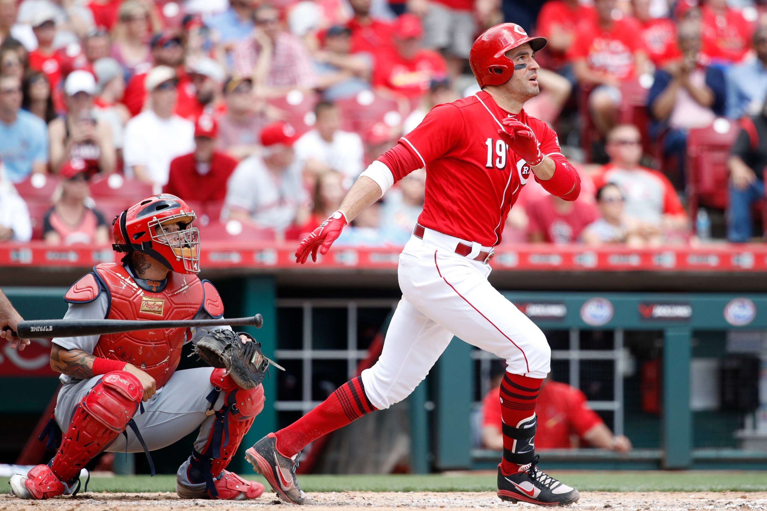 CINCINNATI, OH - JUNE 08: Joey Votto #19 of the Cincinnati Reds hits a two-run home run in the sixth inning of a game against the St. Louis Cardinals at Great American Ball Park on June 8, 2017 in Cincinnati, Ohio. The Reds defeated the Cardinals 5-2. (Ph
