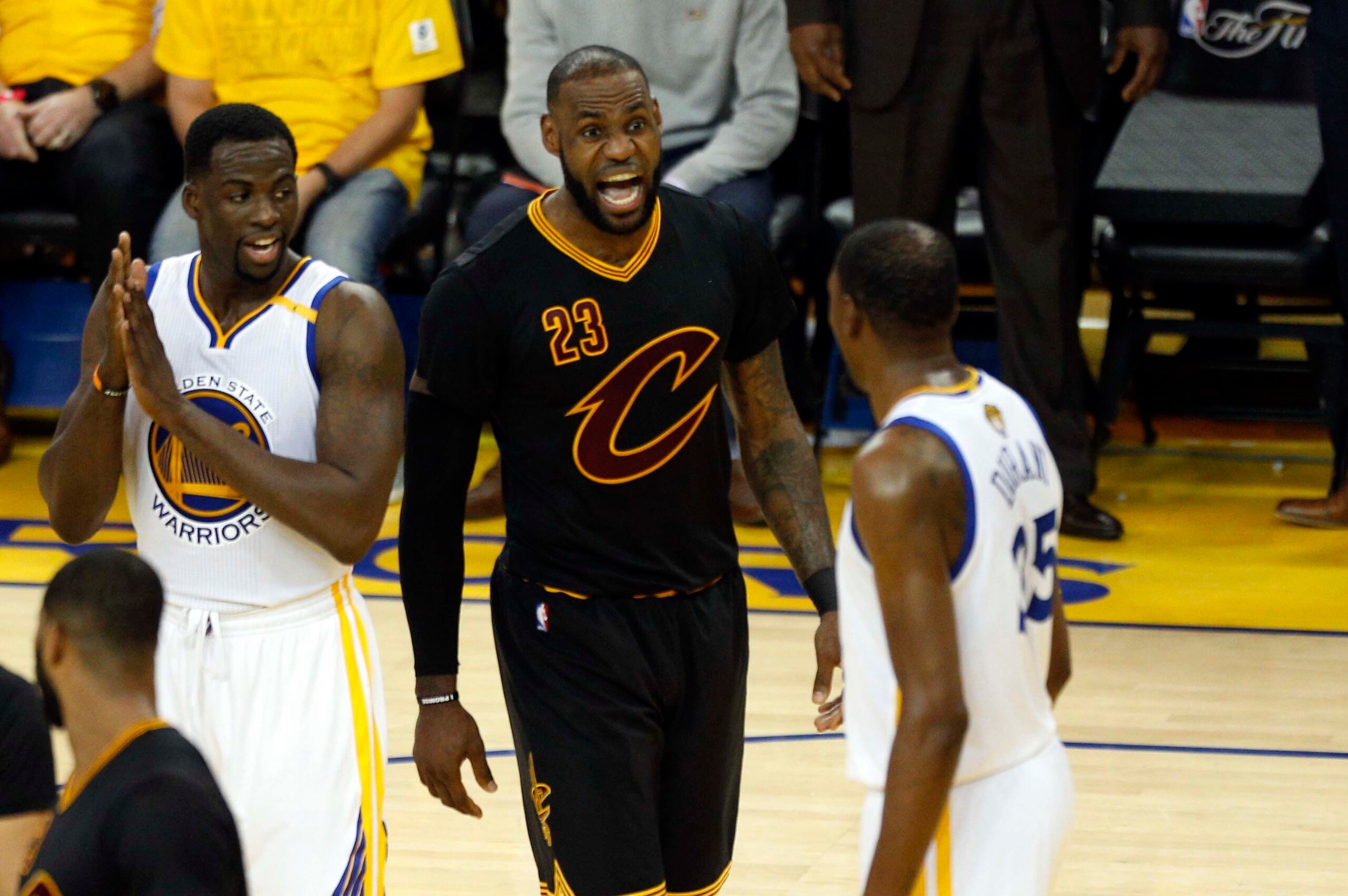 Jun 12, 2017; Oakland, CA, USA; Cleveland Cavaliers forward LeBron James (23) talks to Golden State Warriors forward Kevin Durant (35) during the second quarter in game five of the 2017 NBA Finals at Oracle Arena. Mandatory Credit: Cary Edmondson-USA TODA
