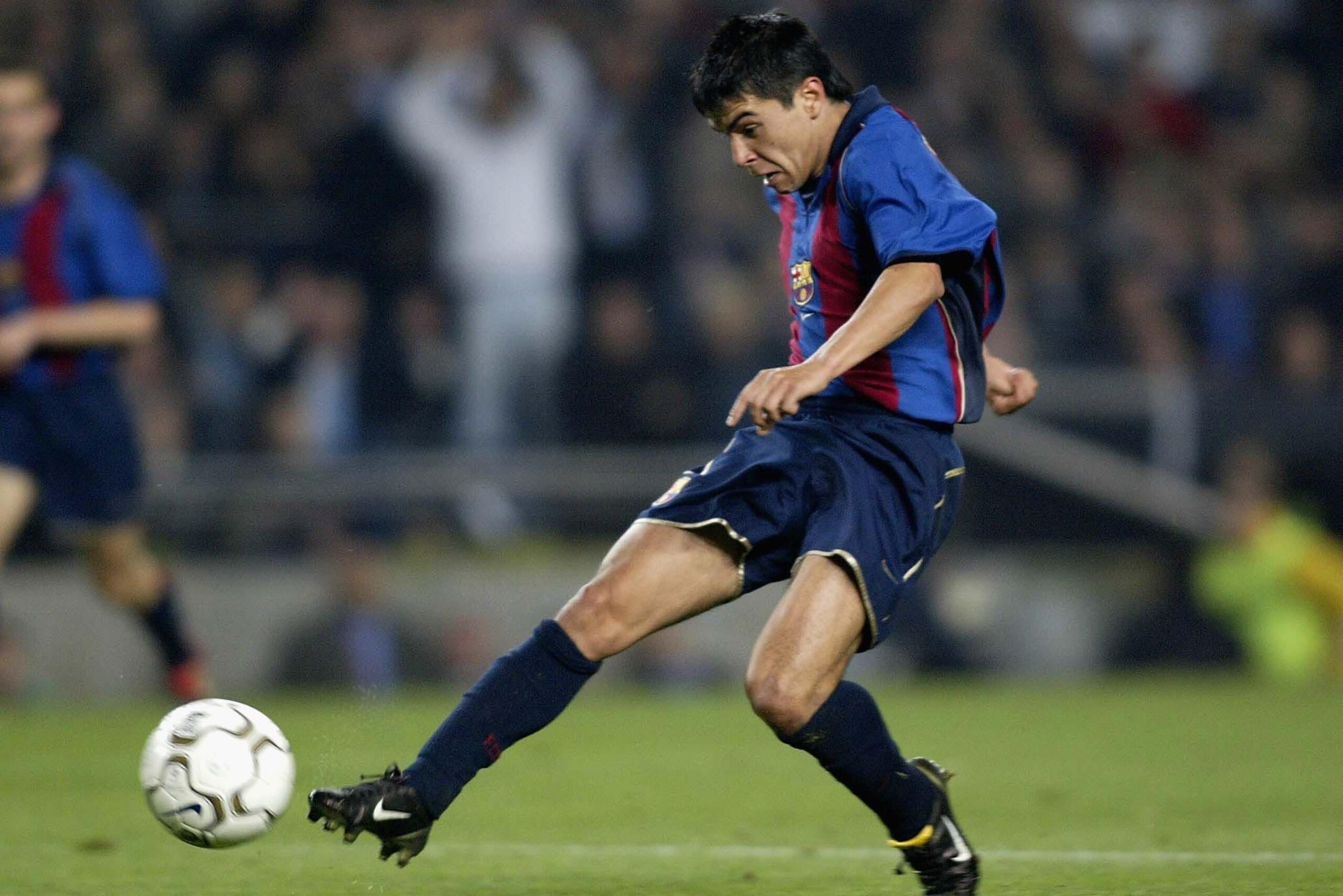 9 Apr 2002: Javier Pedro Saviola of Barcelona scores the vital third goal during the Champions League quarter final, 2nd leg match between Barcelona and Panathinaikos at the Nou Camp Stadium, Barcelona, Spain. DIGITAL IMAGE Mandatory Credit: Gary M. Prior