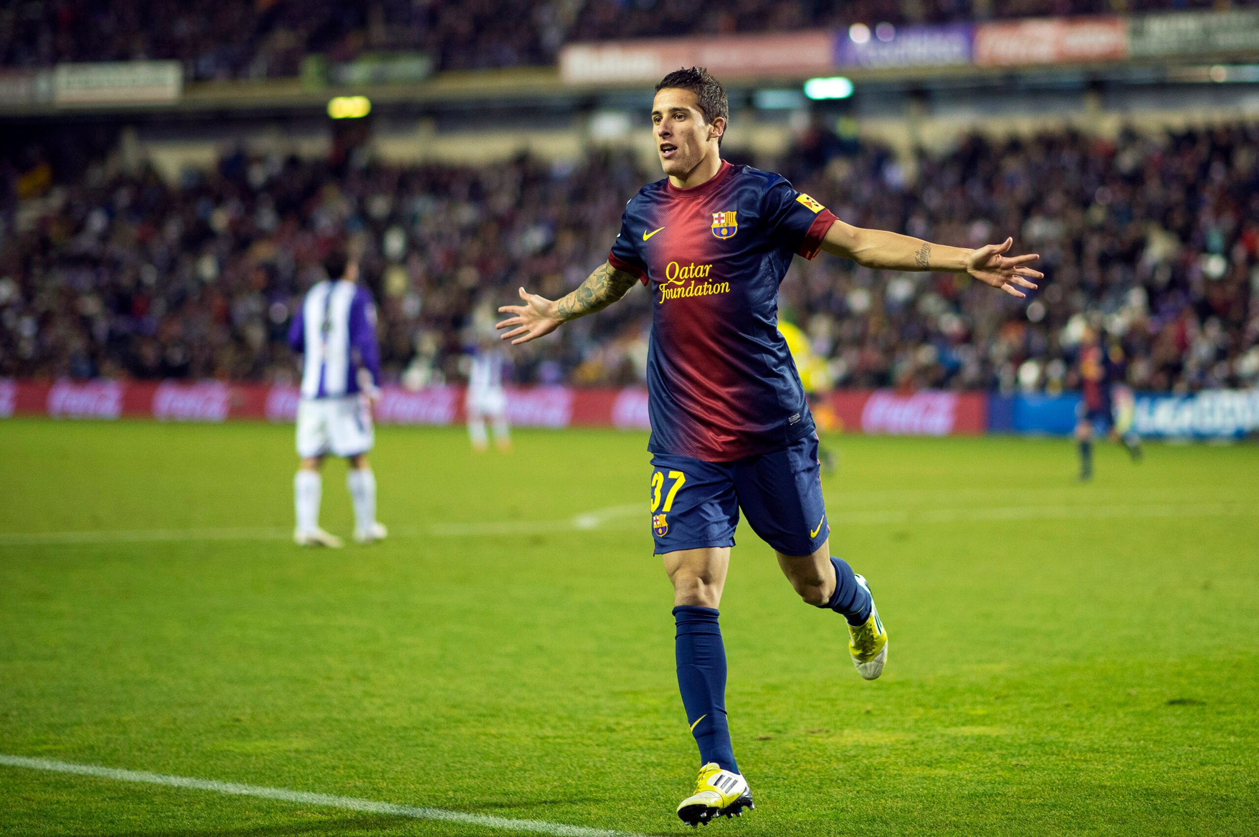 VALLADOLID, SPAIN - DECEMBER 22:  Tello of FC Barcelona celebrates after scoring against Real Valladolid during the La Liga game between Real Valladolid and FC Barcelona at Jose Zorrilla on December 22, 2012 in Valladolid, Spain.  (Photo by Victor Fraile/