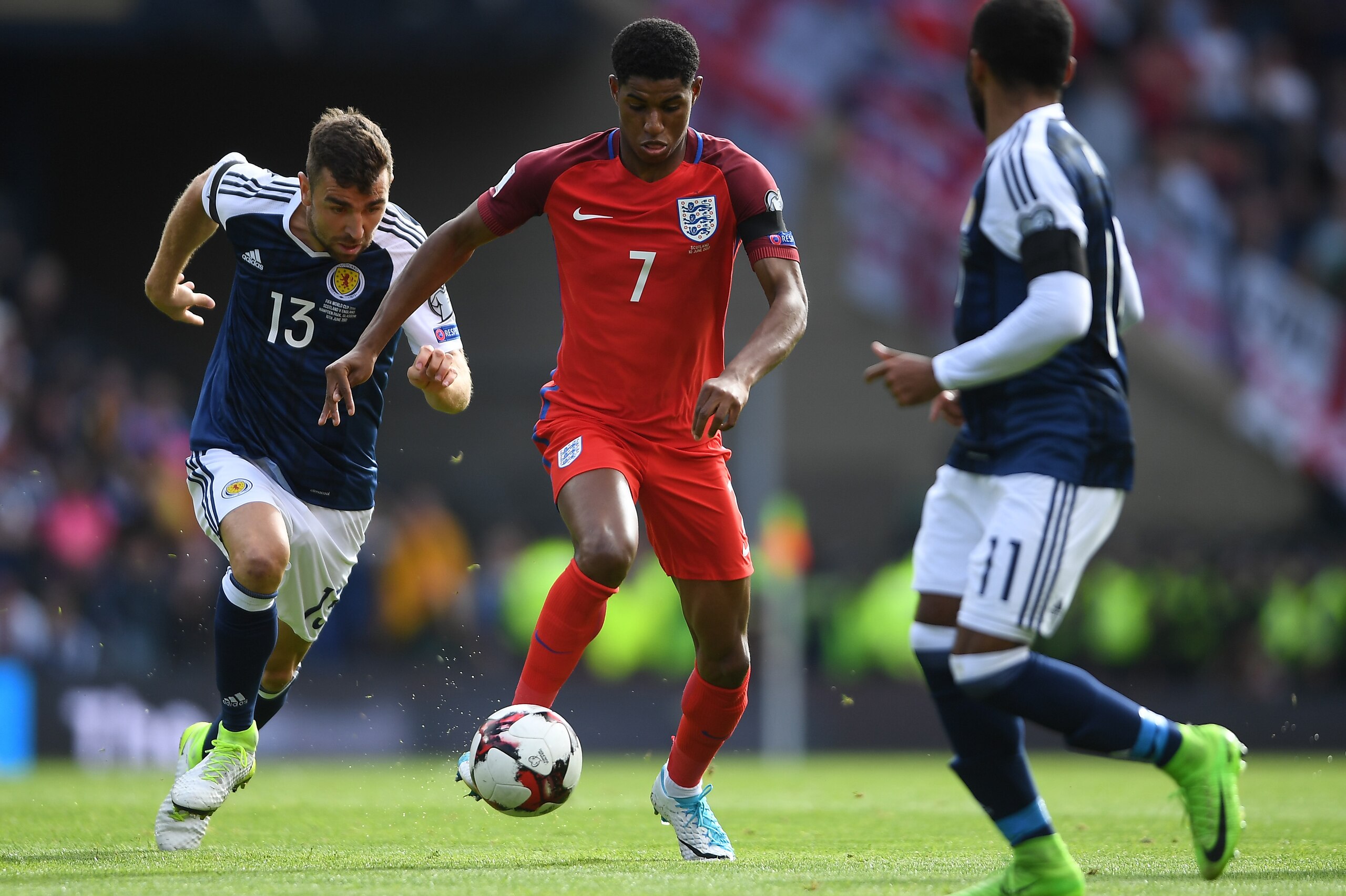 GLASGOW, SCOTLAND - JUNE 10:  Marcus Rashford of England in action during the FIFA 2018 World Cup Qualifier between Scotland and England at Hampden Park National Stadium on June 10, 2017 in Glasgow, Scotland.  (Photo by Mike Hewitt/Getty Images)