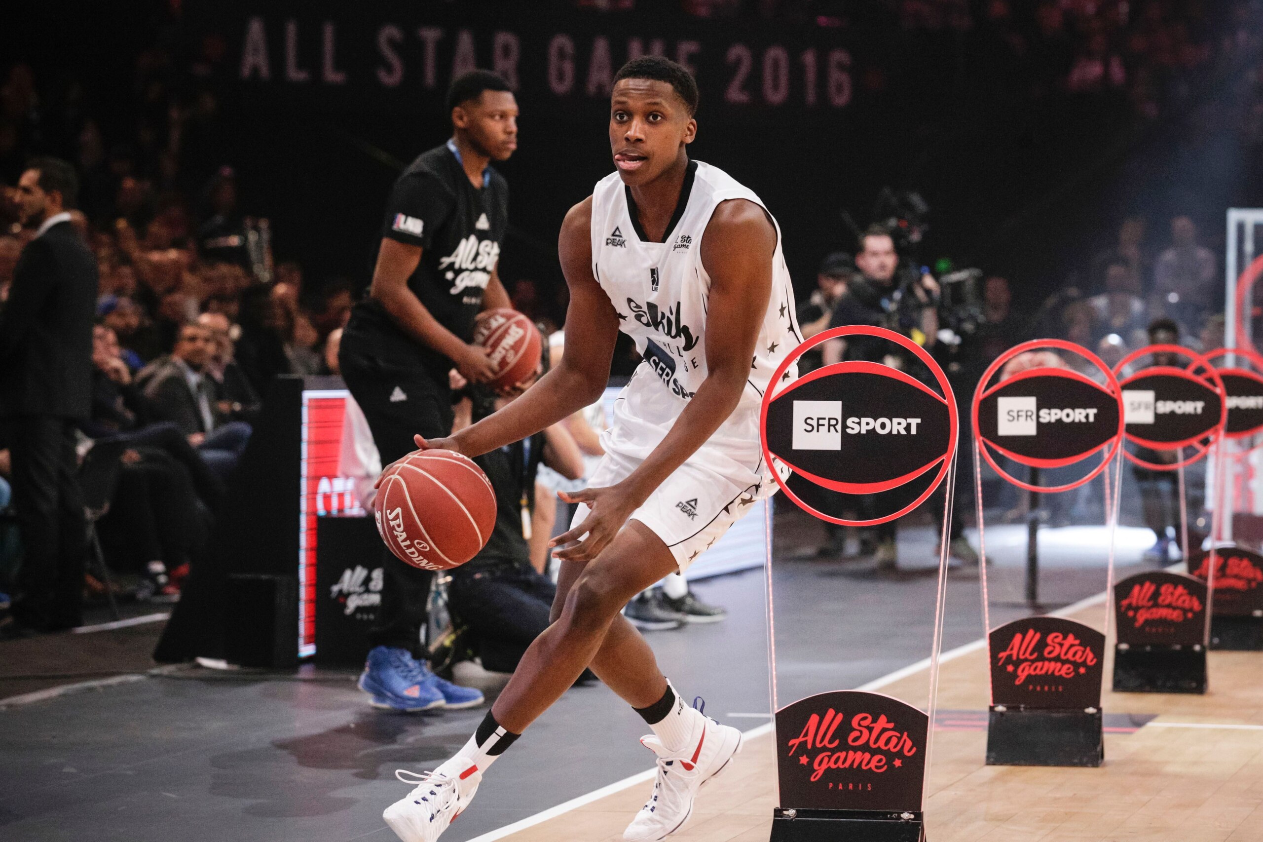 France's Frank Ntilikina participates in a Skills Challenge before an All Star Game basketball match of the French Ligue Nationale de Basket (LNB) between a selection of the best international players from the Pro A league against a selection of the best 
