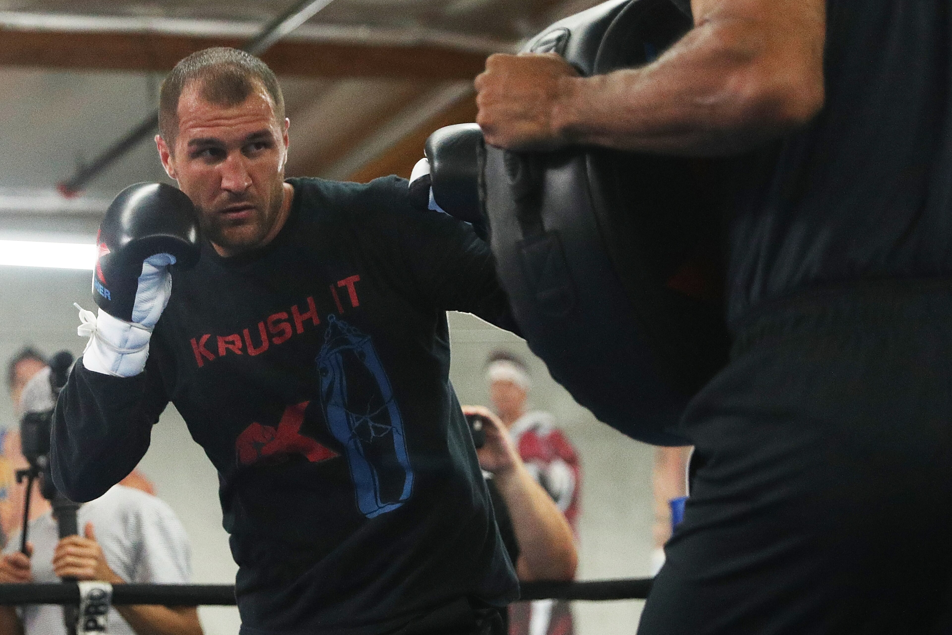 OXNARD, CA - MAY 30:  Sergey 'Krusher' Kovalev works out with trainer John David Jackson at the Boxing Laboratory on May 30, 2017 in Oxnard, California.  (Photo by Josh Lefkowitz/Getty Images)