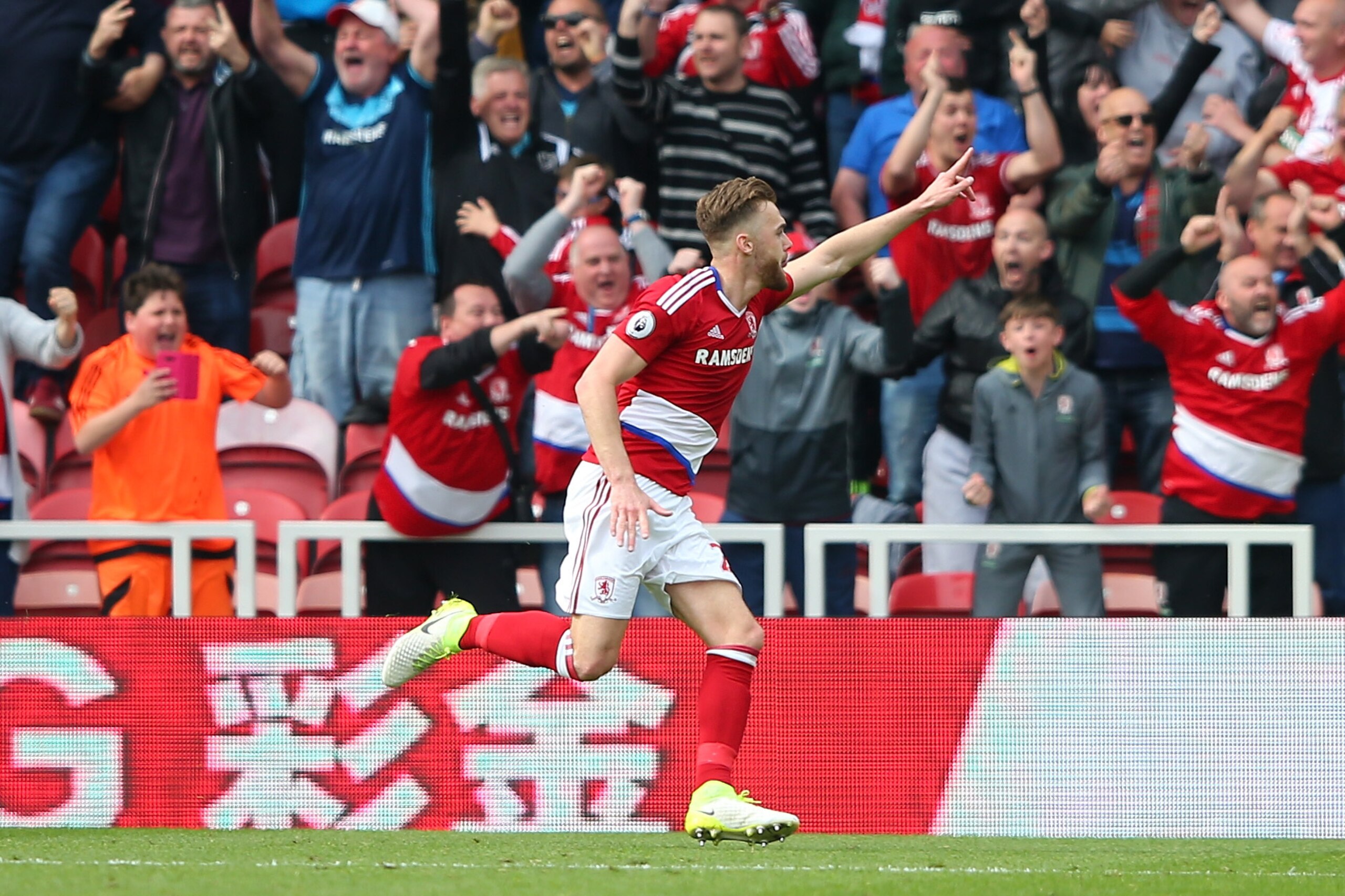 MIDDLESBROUGH, ENGLAND - APRIL 30:  Calum Chambers of Middlesbrough celebrates scoring his sides second goal during the Premier League match between Middlesbrough and Manchester City at the Riverside Stadium on April 30, 2017 in Middlesbrough, England.  (