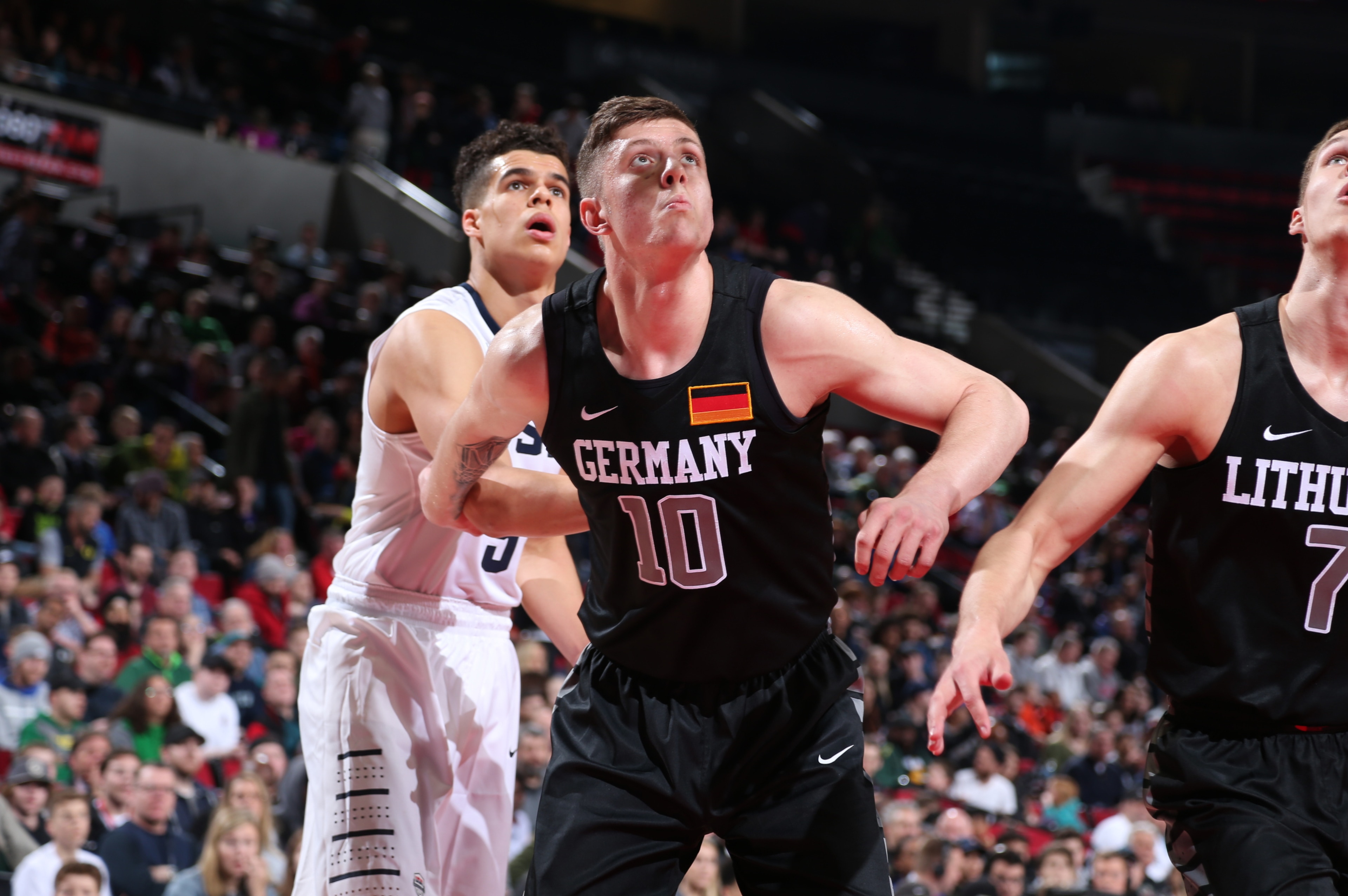 PORTLAND, OR - APRIL 7: Isaiah Hartenstein #10 of the World Select Team boxes out against Michael Porter Jr. #9 of the USA Junior Select Team during the game on April 7, 2017 at the MODA Center Arena in Portland, Oregon. NOTE TO USER: User expressly ackno