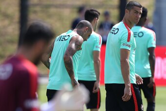 OEIRAS, PORTUGAL - JUNE 13:  Portugal forward Cristiano Ronaldo during the Portugal's National Team Training session before the 2017 FIFA Confederations Cup matches at FPF Cidade do Futebol on June 13, 2017 in Oeiras (outskirts of Lisbon), Portugal.  (Pho