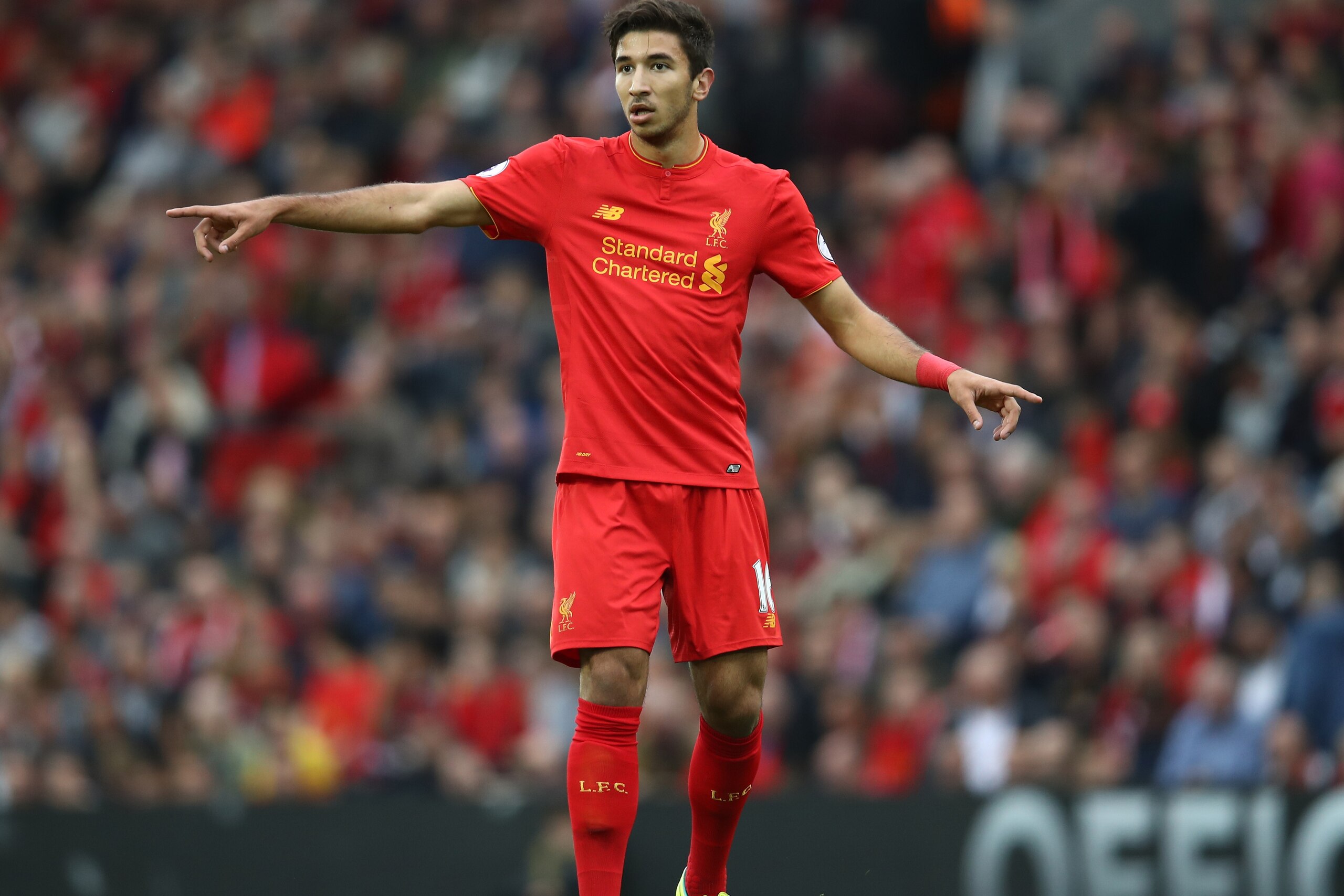 LIVERPOOL, ENGLAND - SEPTEMBER 24:  Marko Grujic of Liverpool signals during the Premier League match between Liverpool and Hull City at Anfield on September 24, 2016 in Liverpool, England.  (Photo by Julian Finney/Getty Images)