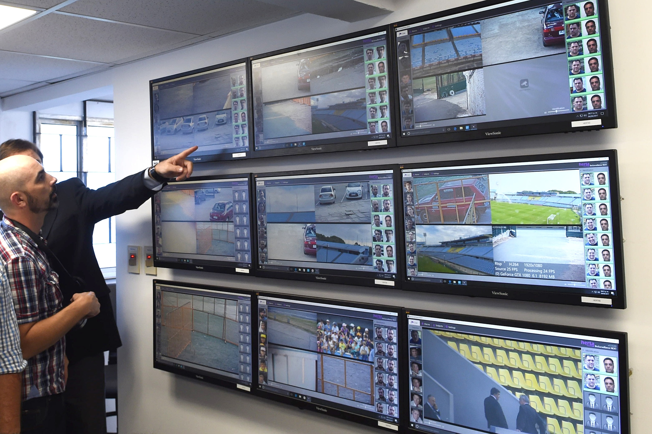 View of the new monitoring center, to prevent fans violence during sportive events at Montevideo's Centenario Stadium on April 4, 2017. 
80 cameras inside and outside the stadium will register not only every attendant but also any violent action carried o