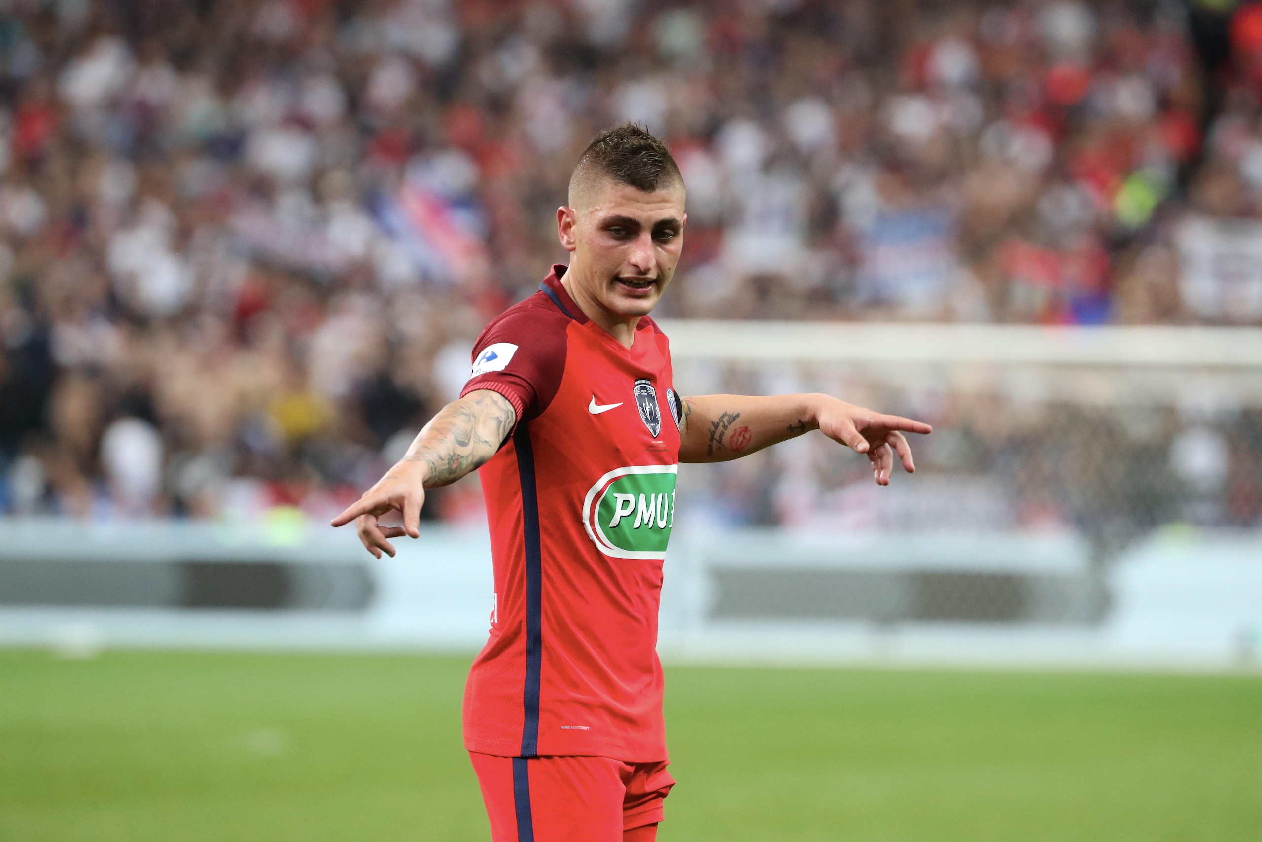 PARIS, FRANCE - MAY 27:  Marco Verratti
of Paris Saint-Germain reacts during the French Cup Final match between Paris Saint-Germain and SCO Angers at Stade de France on May 27, 2017 in Paris, France.  (Photo by Xavier Laine/Getty Images)