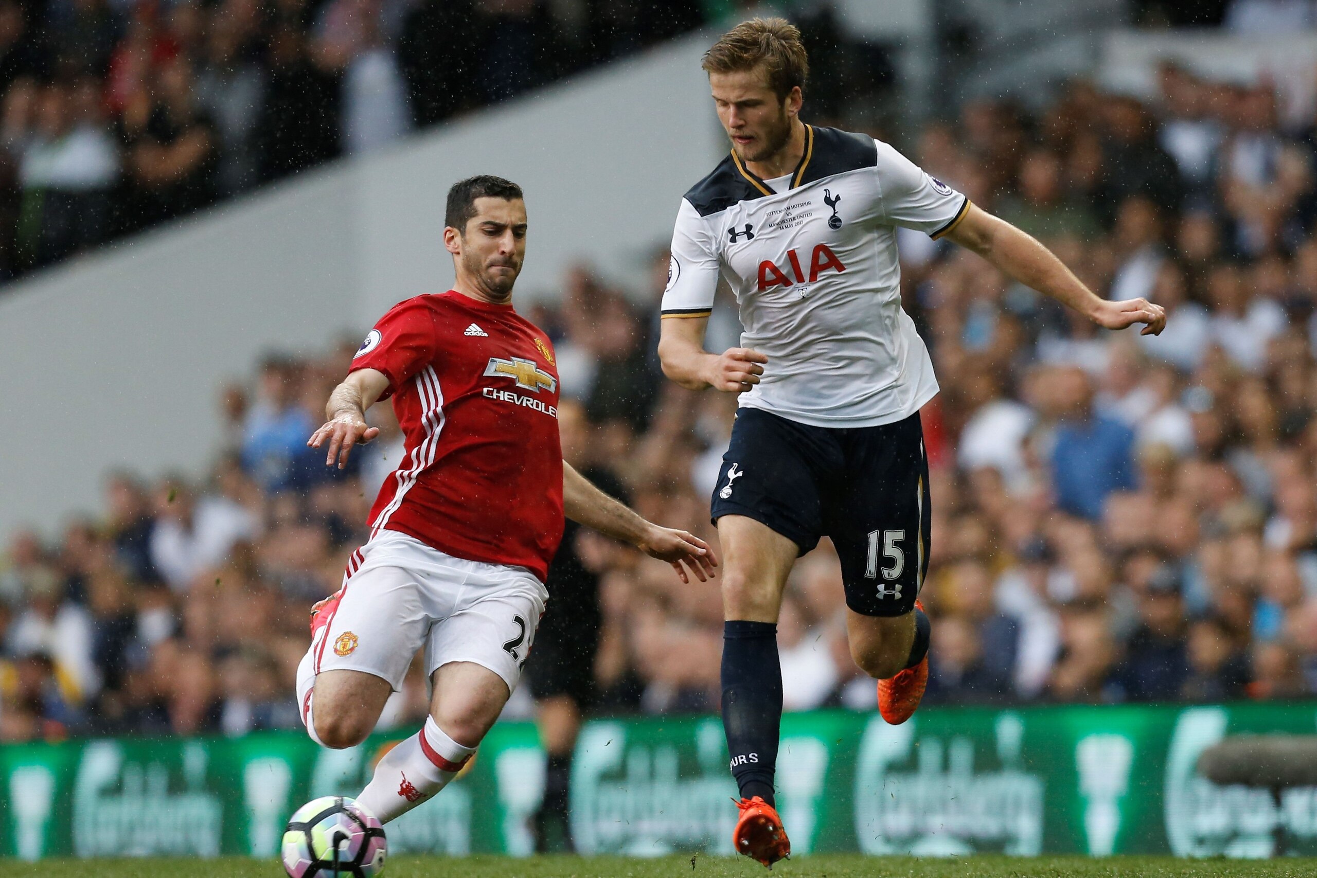 Manchester United's Armenian midfielder Henrikh Mkhitaryan (L) vies with Tottenham Hotspur's English defender Eric Dier during the English Premier League football match between Tottenham Hotspur and Manchester United at White Hart Lane in London, on May 1