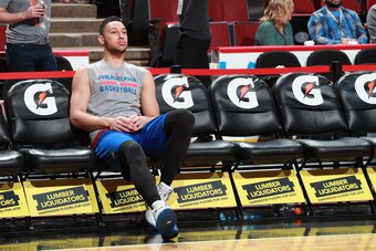 CHICAGO, IL - MARCH 24: Ben Simmons #25 of the Philadelphia 76ers looks on before the game against the Chicago Bulls on March 24, 2017 at the United Center in Chicago, Illinois. NOTE TO USER: User expressly acknowledges and agrees that, by downloading and