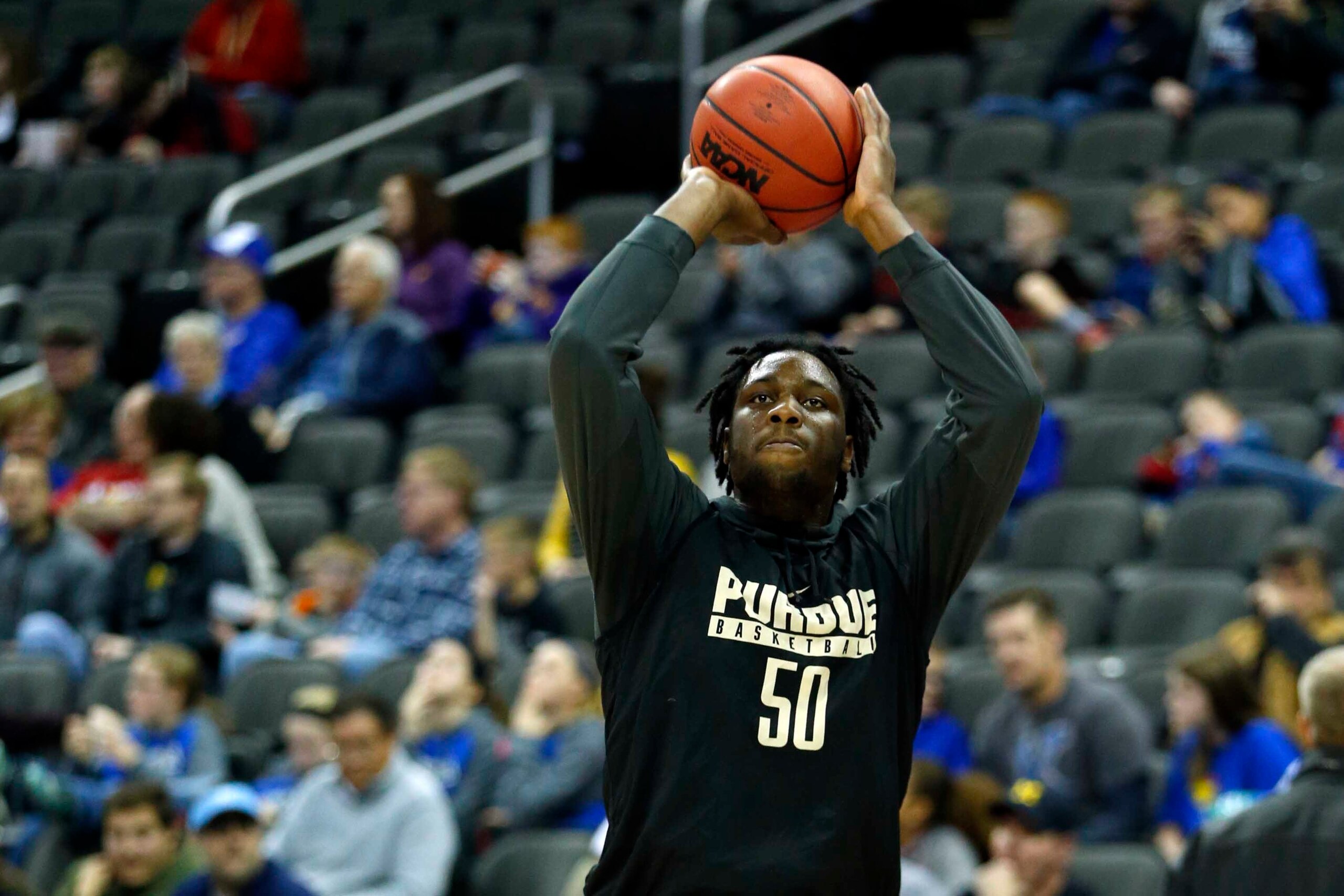 Mar 22, 2017; Kansas City, MO, USA; Purdue Boilermakers forward Caleb Swanigan (50) during practice the day before the Midwest Regional semifinals of the 2017 NCAA Tournament at Sprint Center. Mandatory Credit: Jay Biggerstaff-USA TODAY Sports