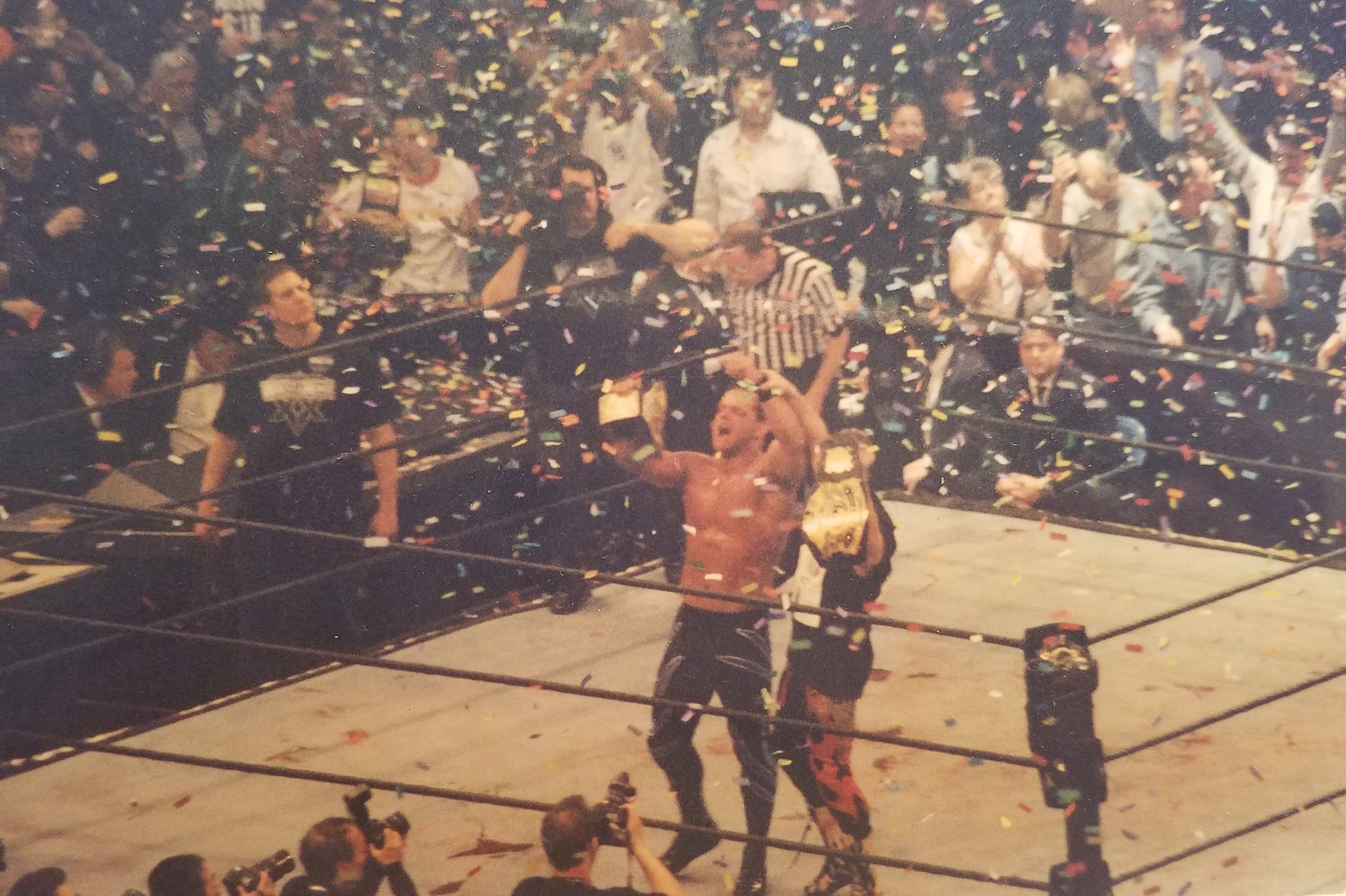 Chris Benoit and Eddie Guerrero celebrate at WrestleMania XX. Chris Benoit and Eddie Guerrero celebrate at WrestleMania XX.