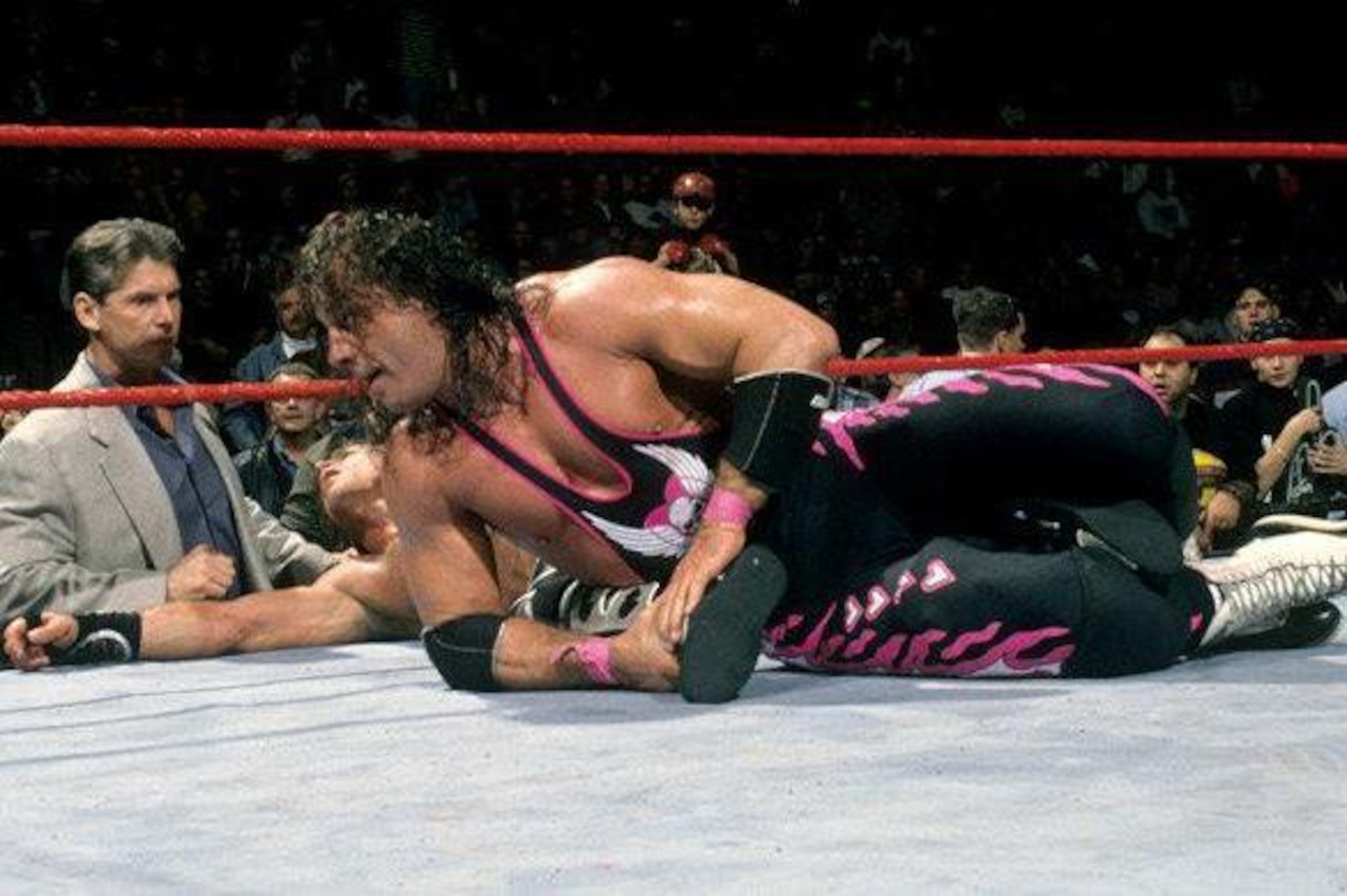 Confusion hits Bret Hart at the close of his Nov. 1997 WWE title match. Confusion hits Bret Hart at the close of his Nov. 1997 WWE title match.