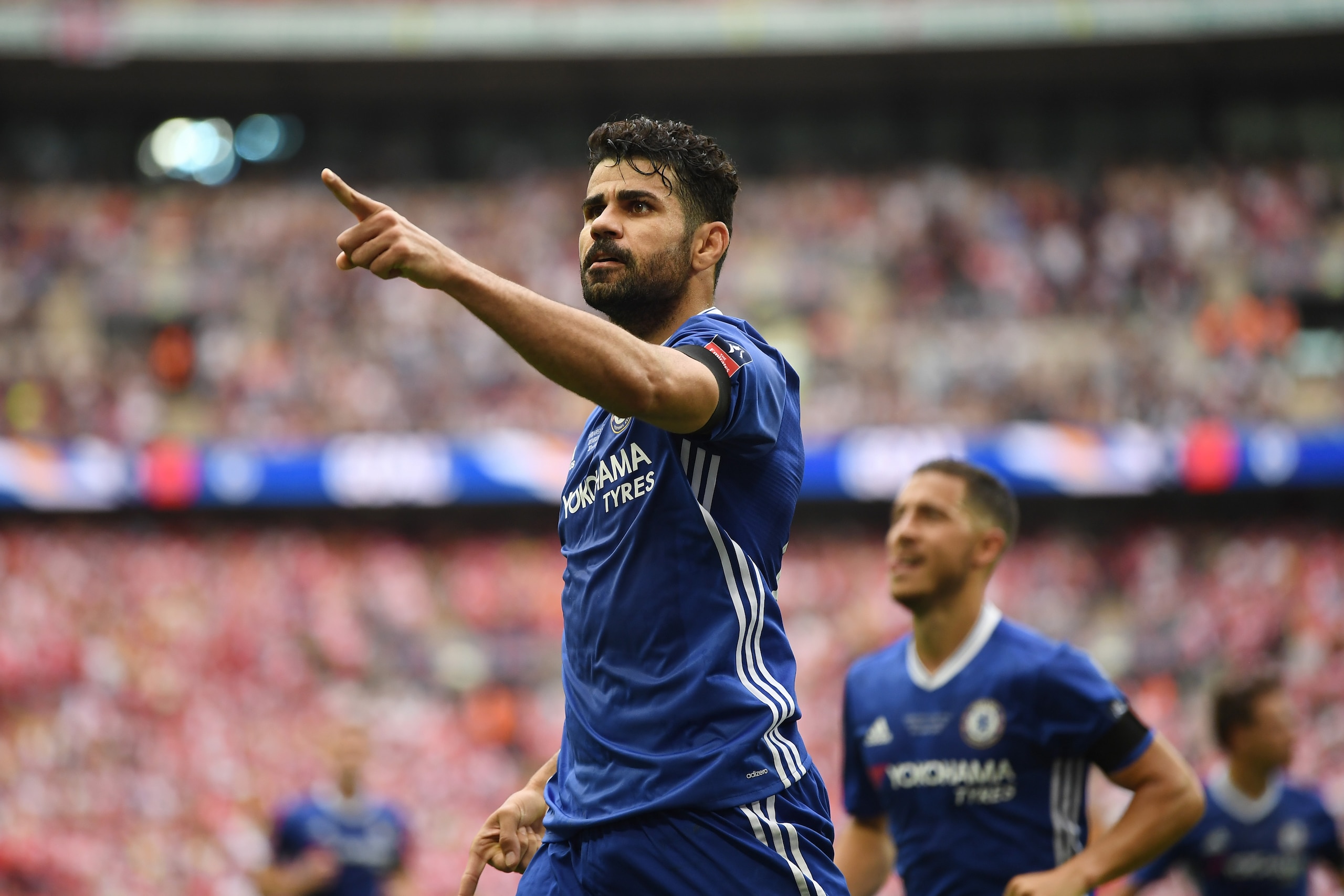 LONDON, ENGLAND - MAY 27:  Diego Costa of Chelsea celebrates scoring his sides first goal during the Emirates FA Cup Final between Arsenal and Chelsea at Wembley Stadium on May 27, 2017 in London, England.  (Photo by Mike Hewitt/Getty Images)