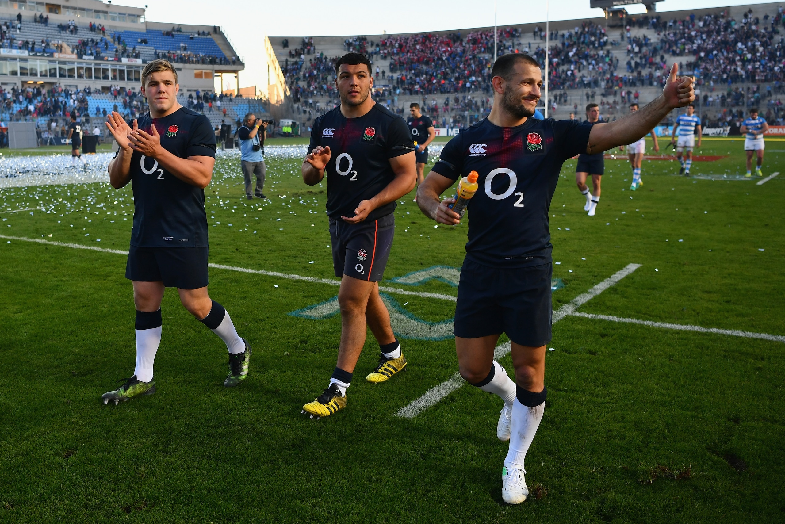 SAN JUAN, ARGENTINA - JUNE 10: Will Collier of England, Ellis Genge of England and Danny Care of England wave to the fans after the International Test match between Argentina and England at Estadio San Juan del Bicentenario on June 10, 2017 in San Juan, A